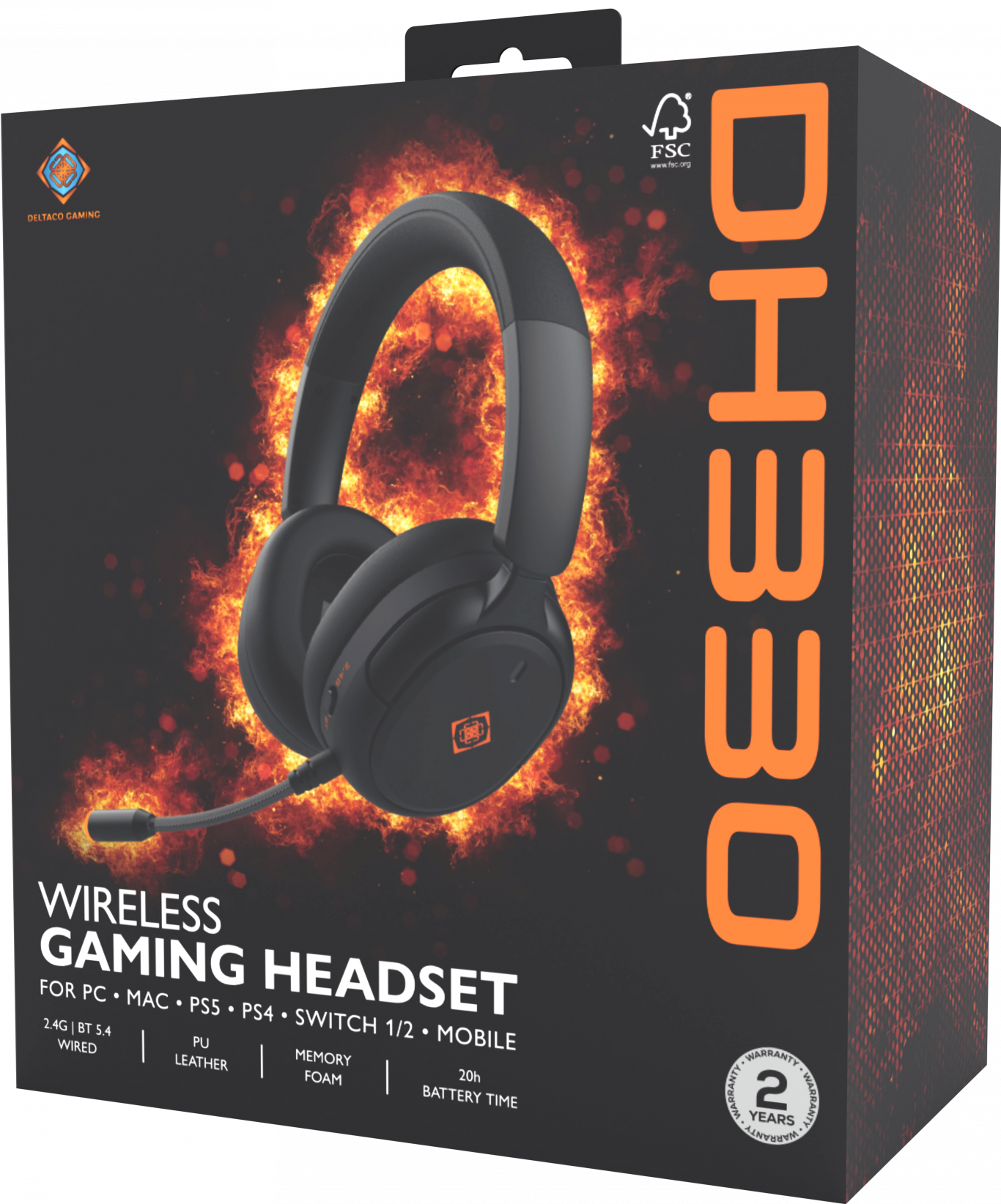 Casque de jeu sans fil noir sur une boîte enflammée avec du texte blanc.