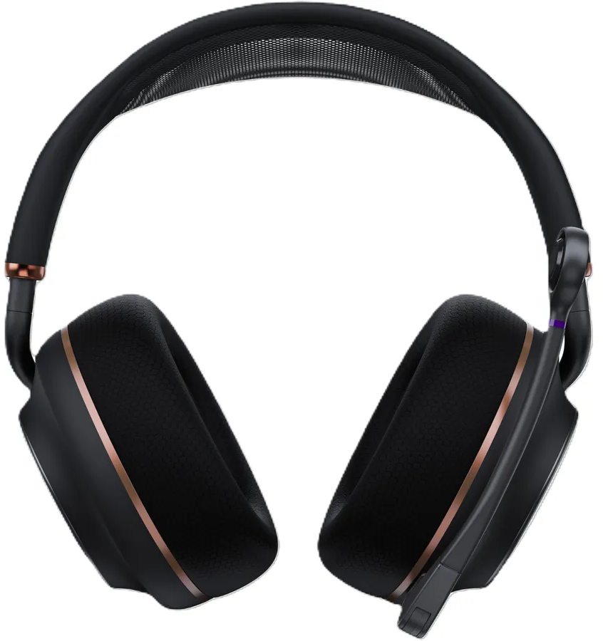 Cuffie over-ear nere con archetto in rete e dettagli in oro rosa.