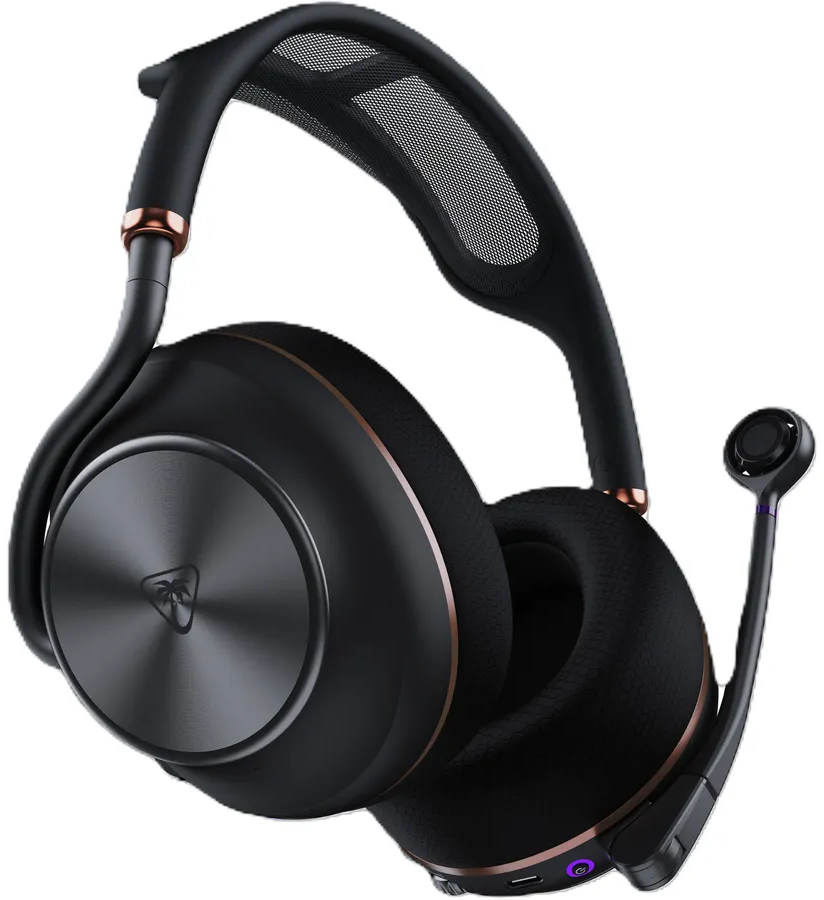 Cuffie da gioco over-ear nere con dettagli in rame e microfono attaccato su sfondo bianco.