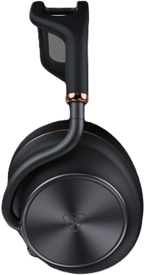Cuffie over-ear nere con padiglione rotondo e dettaglio in rame.