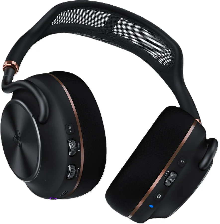 Cuffie wireless over-ear nere e oro rosa con archetto in rete e pulsanti di controllo.