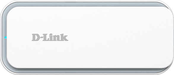 Un adattatore di rete D-Link bianco con bordo grigio e piccola spia blu a sinistra.
