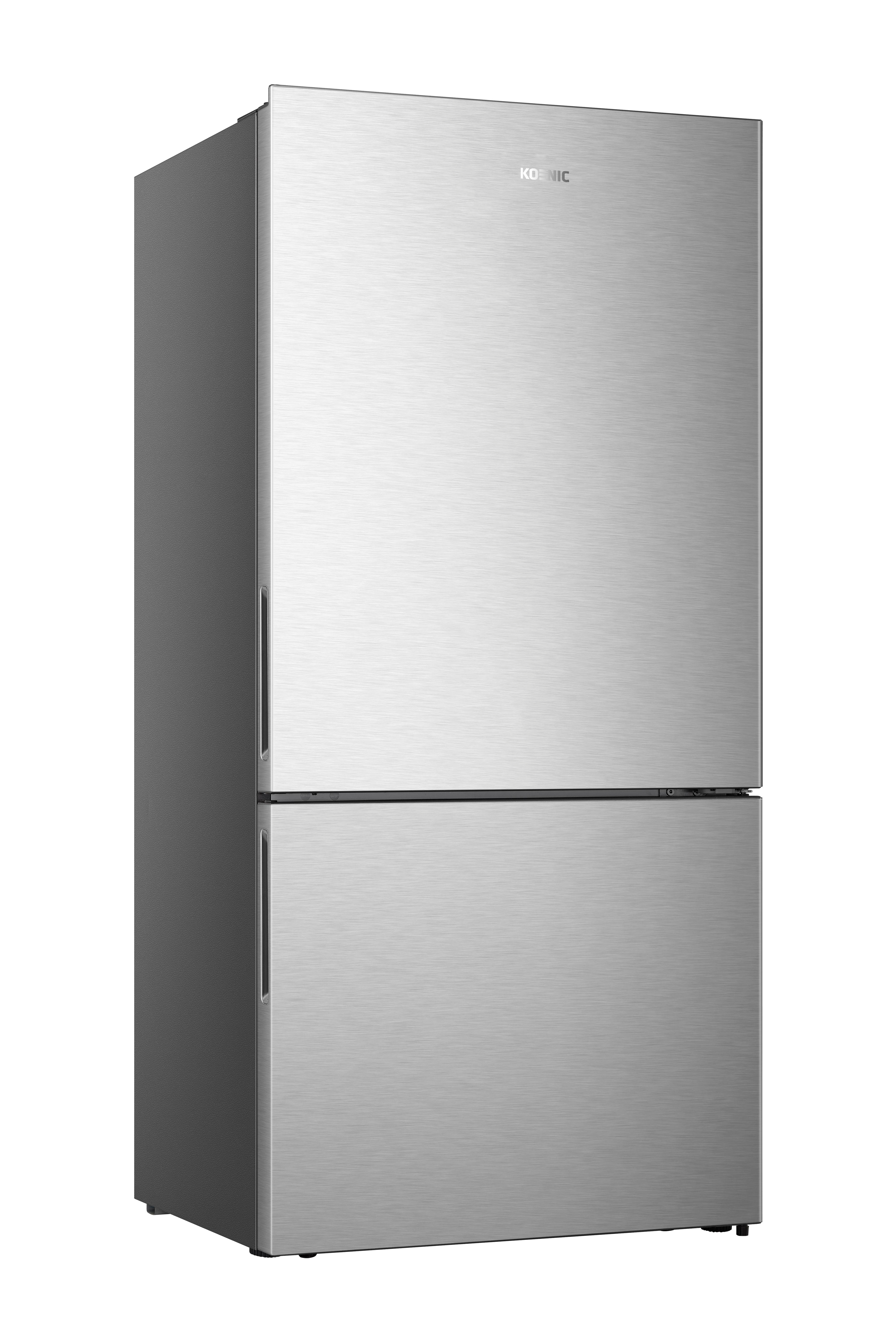 Ein moderner Edelstahl-Kühlschrank mit Gefrierfach unten vor weißem Hintergrund.