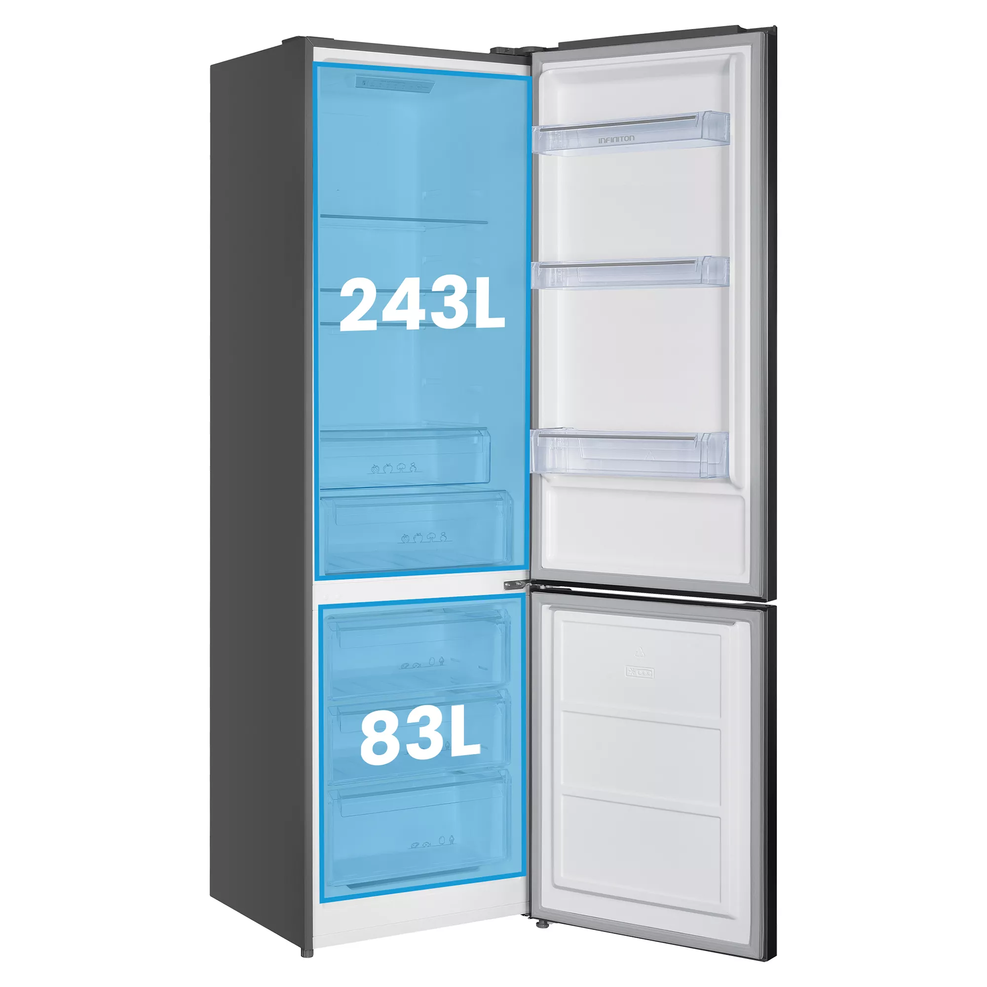 Frigorífico abierto con 243L de capacidad de nevera y 83L de congelador.