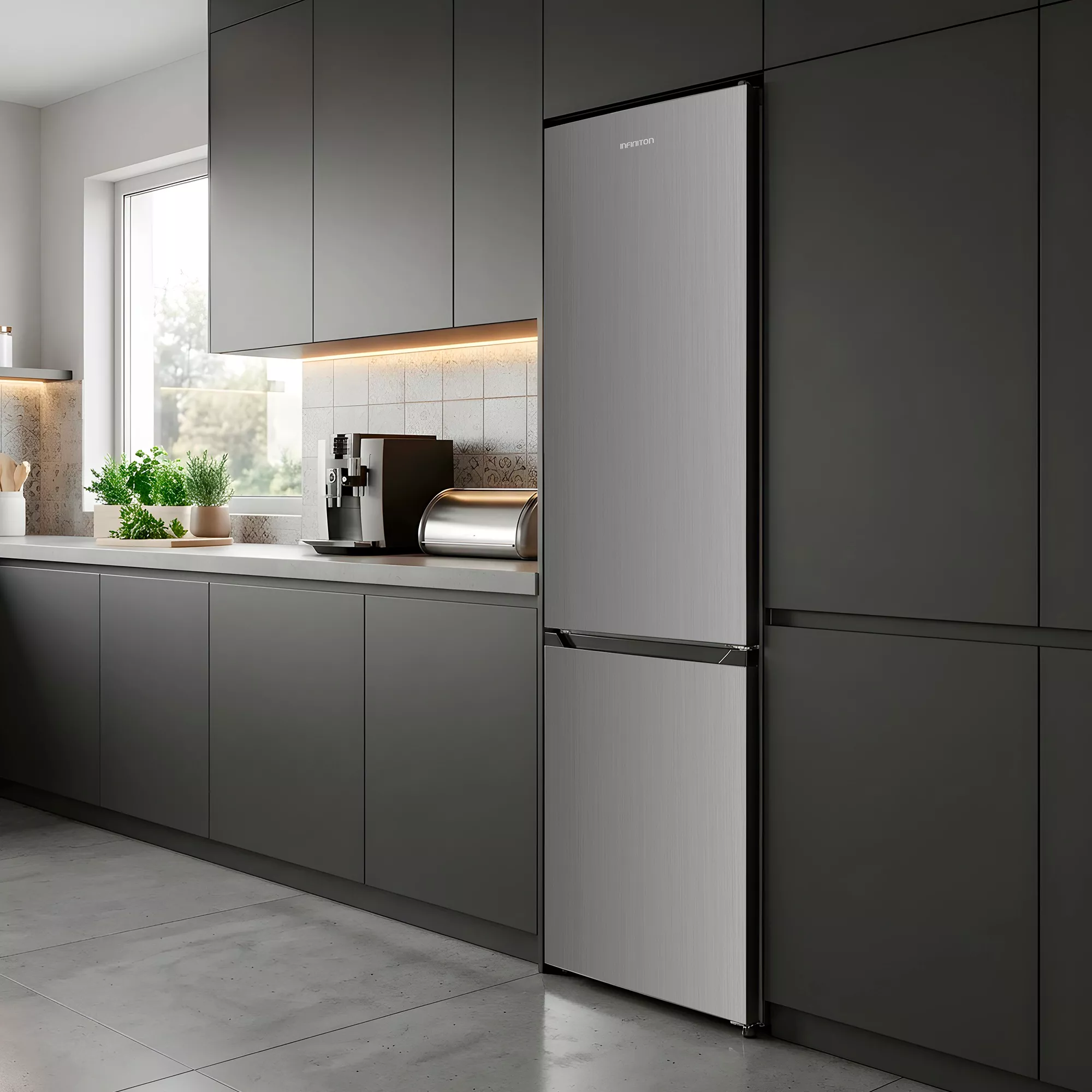Cocina moderna con muebles grises, frigorífico plateado, cafetera y ventana con plantas.
