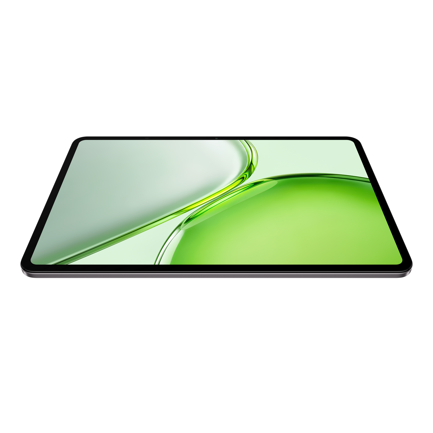 Una tablet muestra un fondo abstracto verde y blanco en primer plano sobre fondo negro.