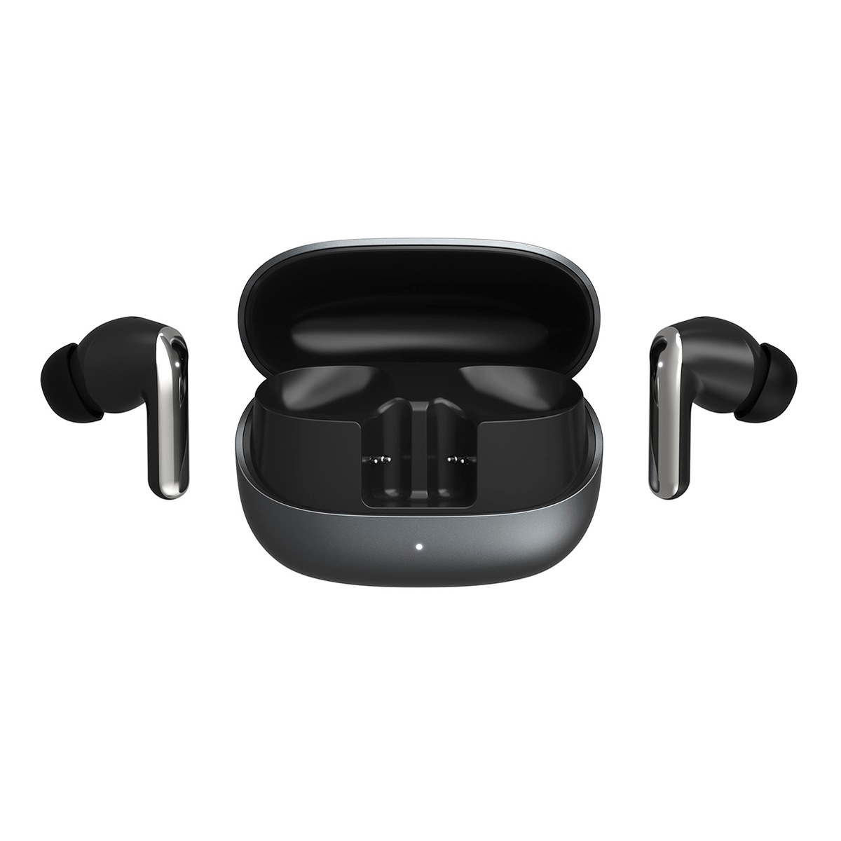 Auriculares inalámbricos negros con estuche de carga sobre fondo blanco.