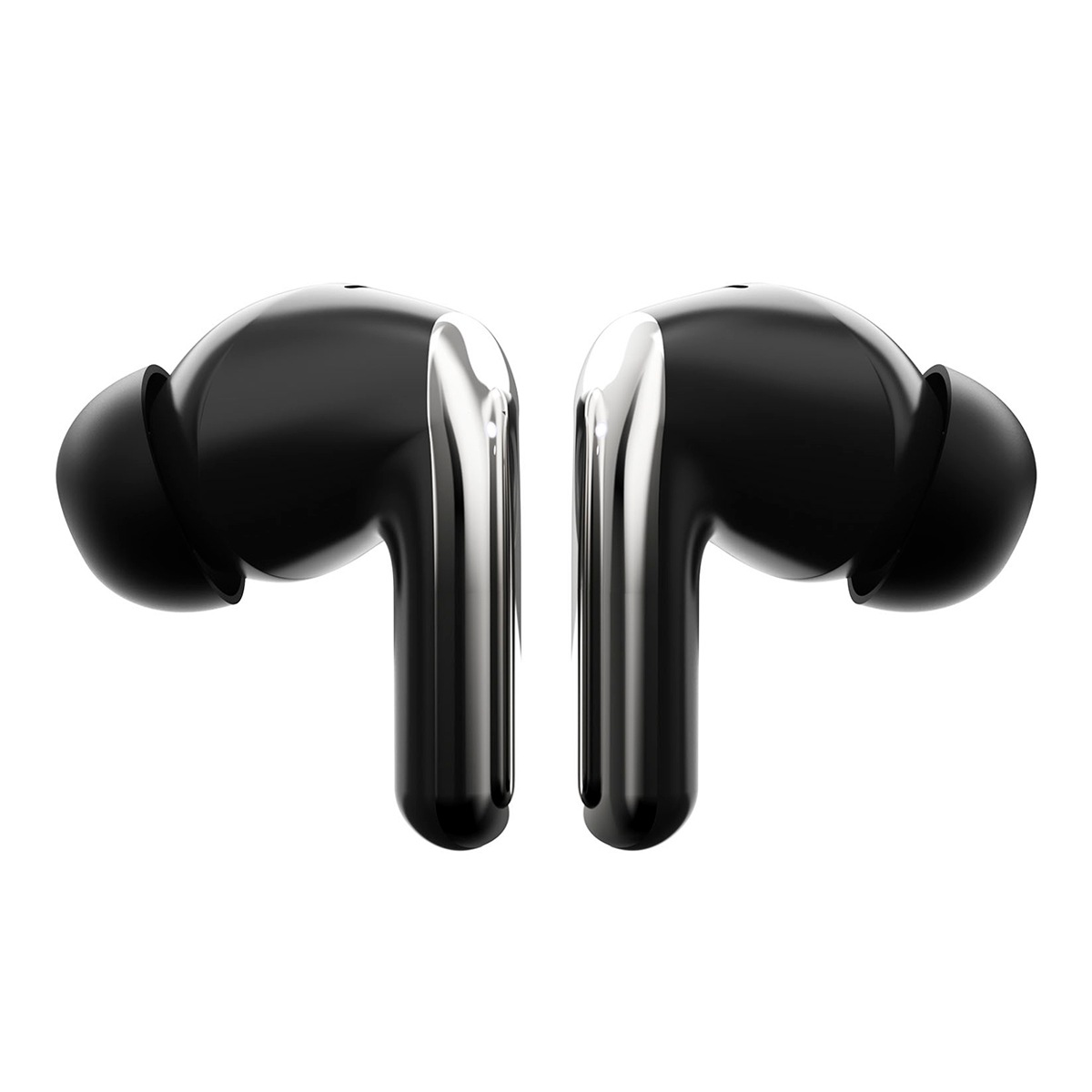 Auriculares inalámbricos negros con detalles plateados brillantes sobre fondo blanco.