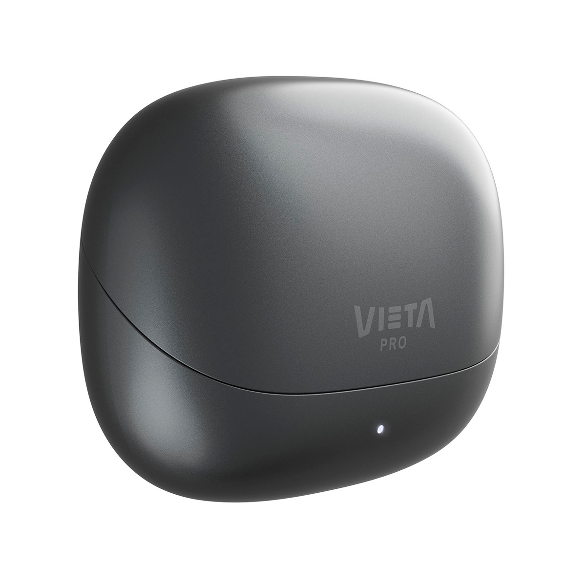 Estuche de carga inalambrico negro con el logotipo de Vieta Pro y una pequena luz LED.