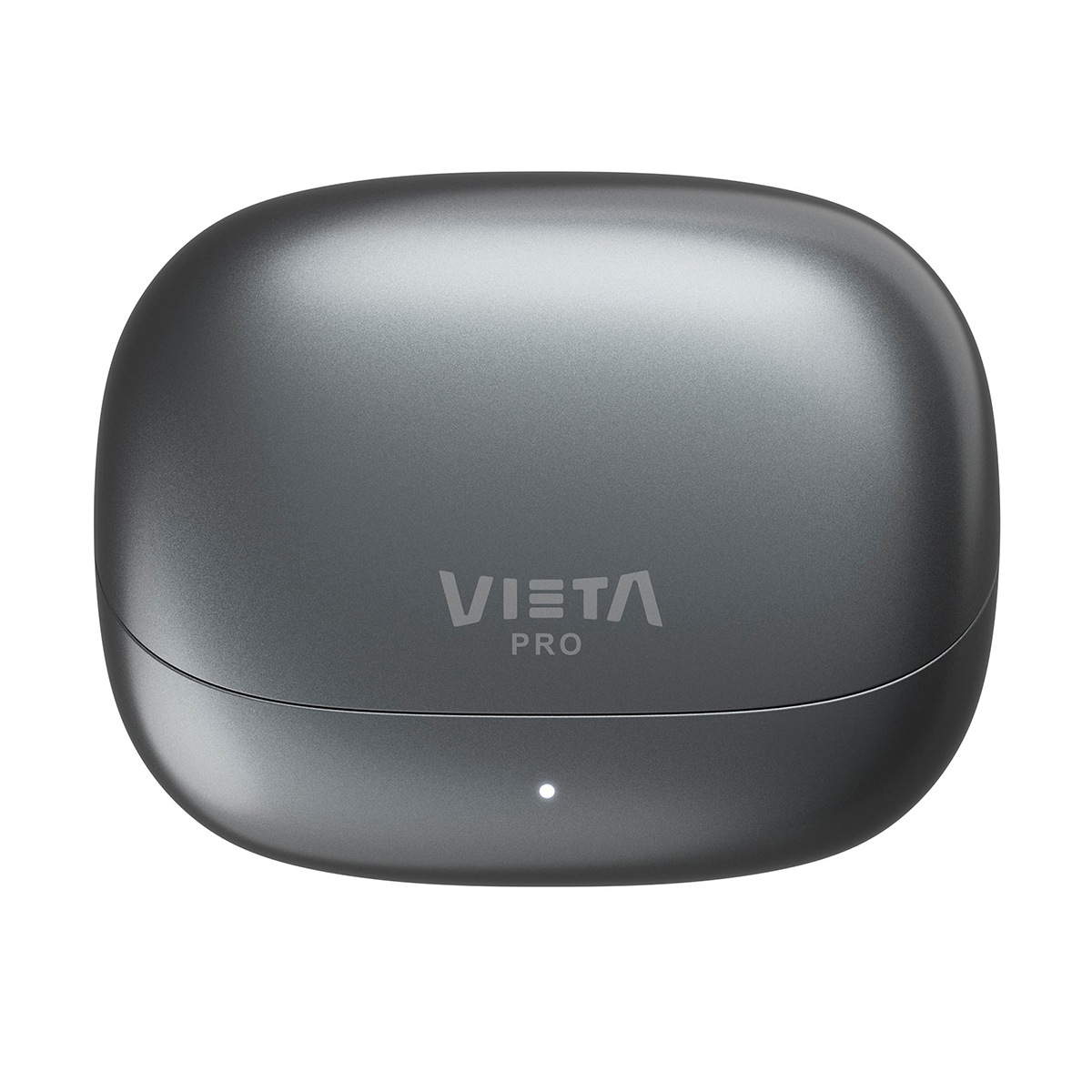 Estuche de carga ovalado gris oscuro Vieta Pro con una pequeña luz LED blanca.