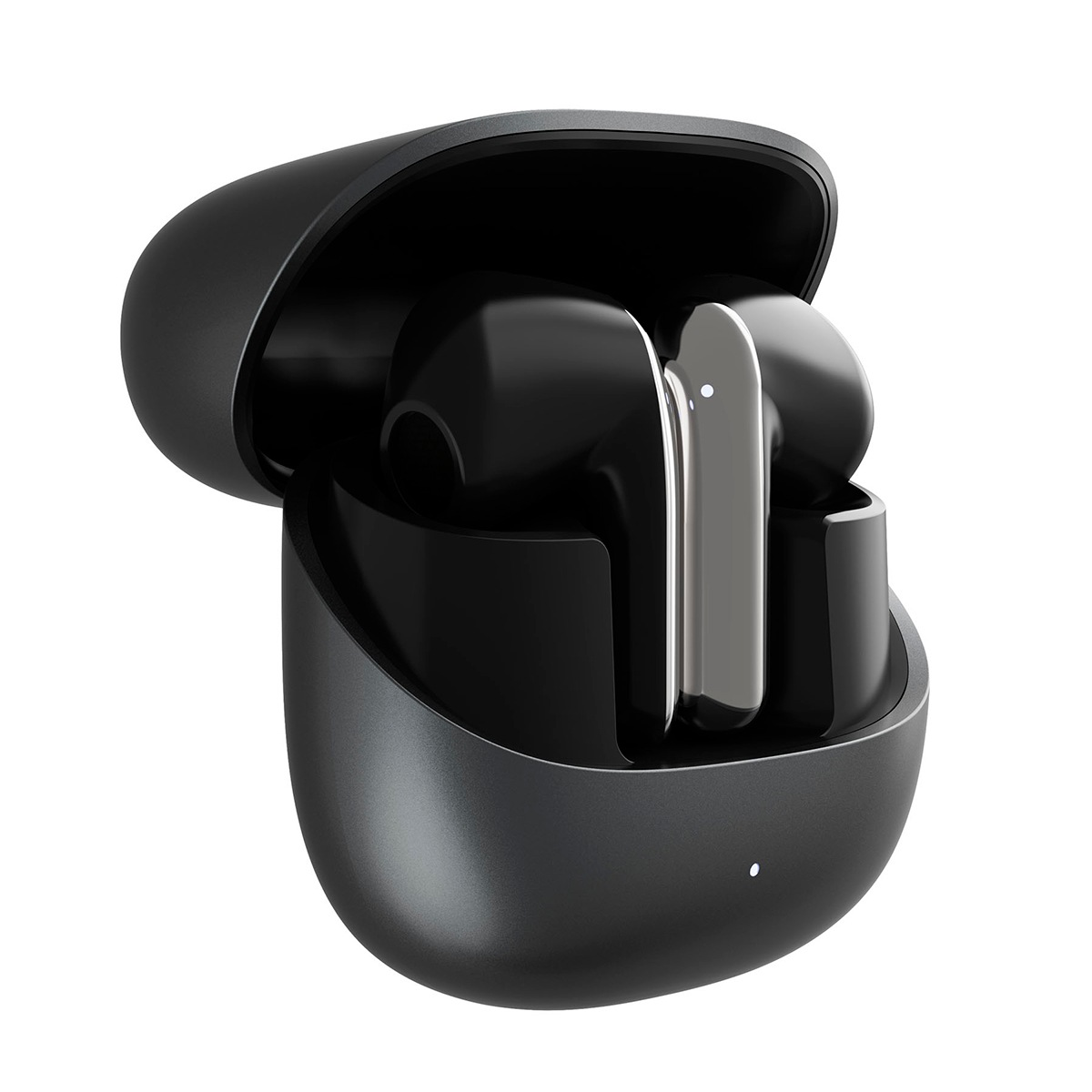 Auriculares inalámbricos negros dentro de un estuche de carga abierto.