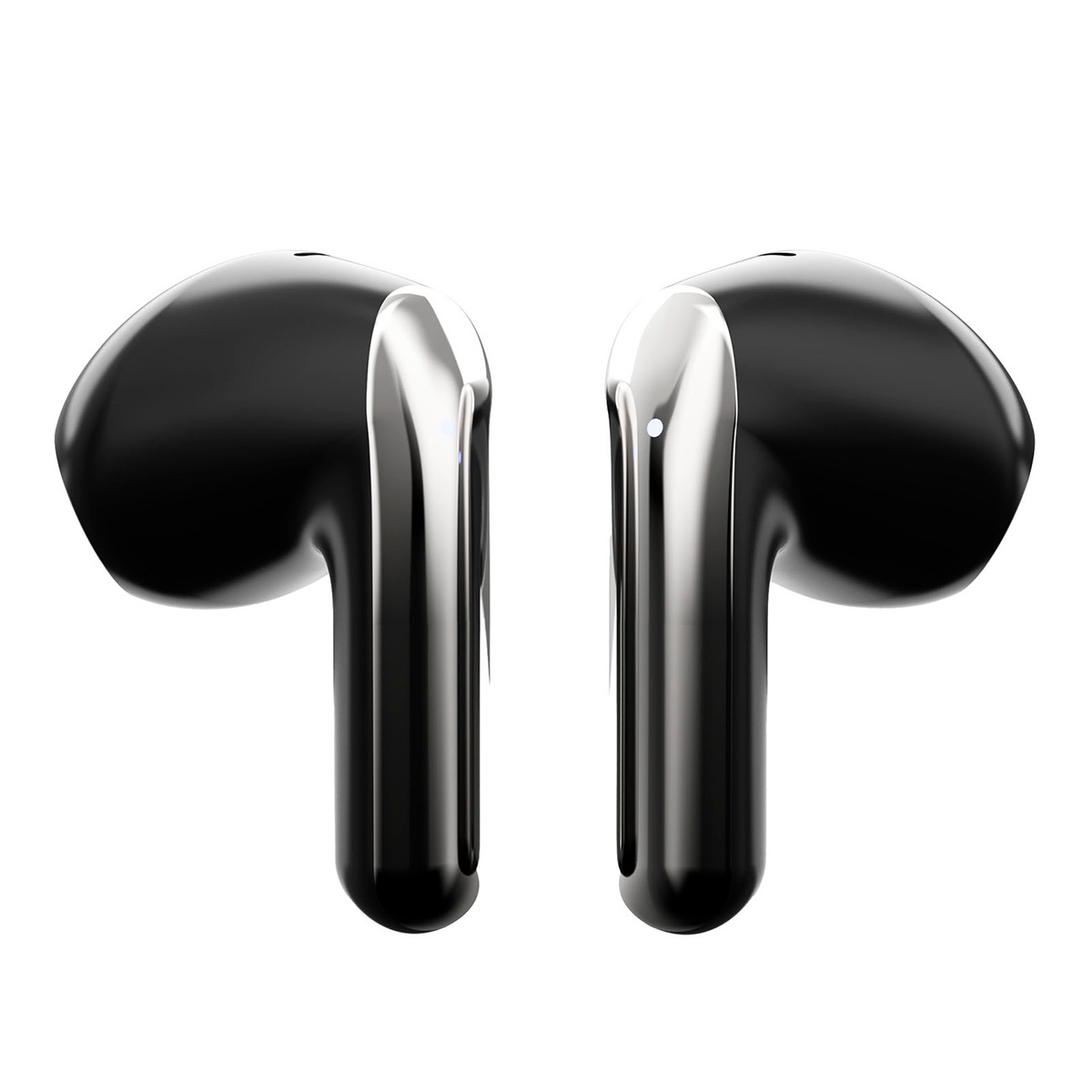 Auriculares inalámbricos negros con acabado brillante sobre fondo blanco.