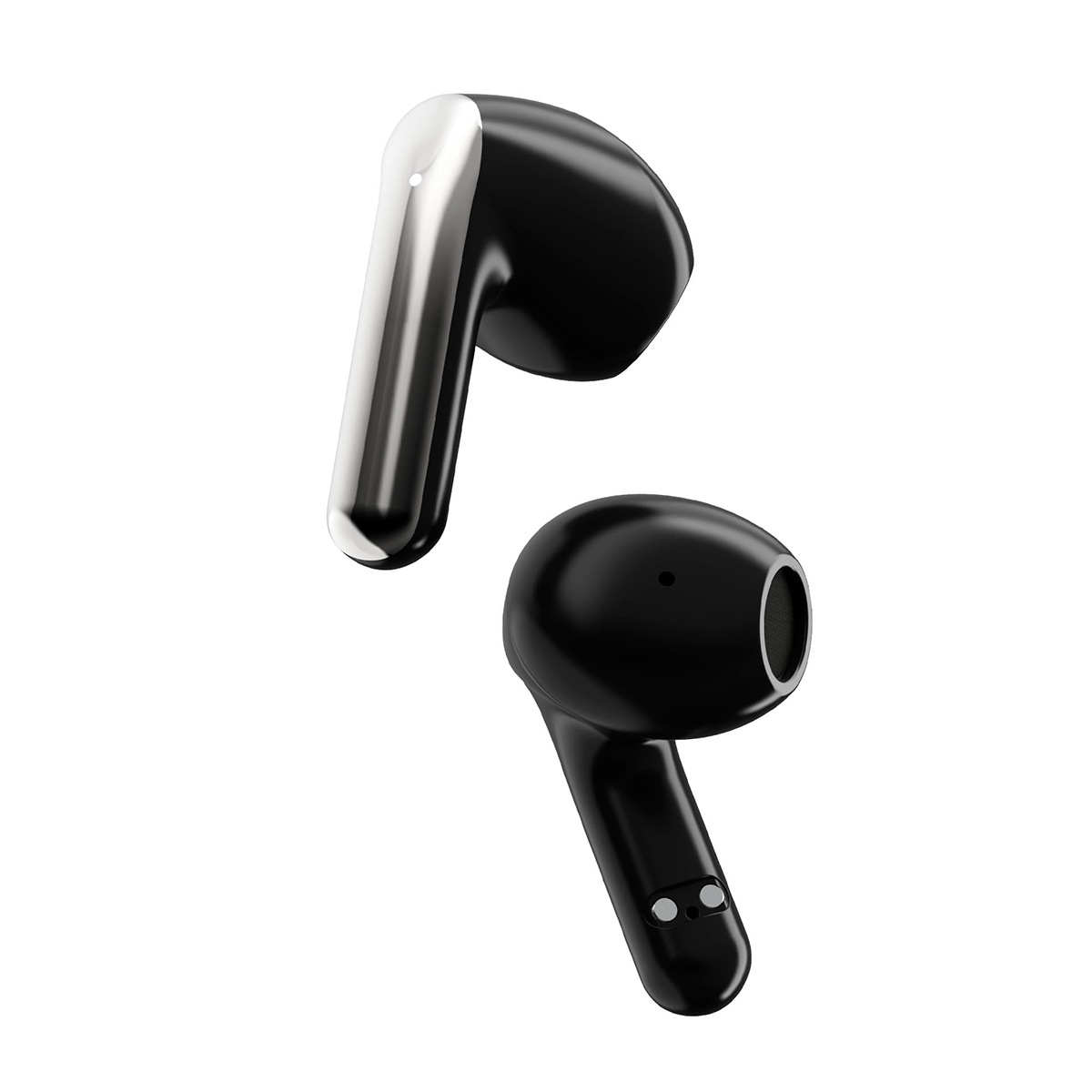 Dos auriculares inalámbricos negros brillantes sobre un fondo blanco.
