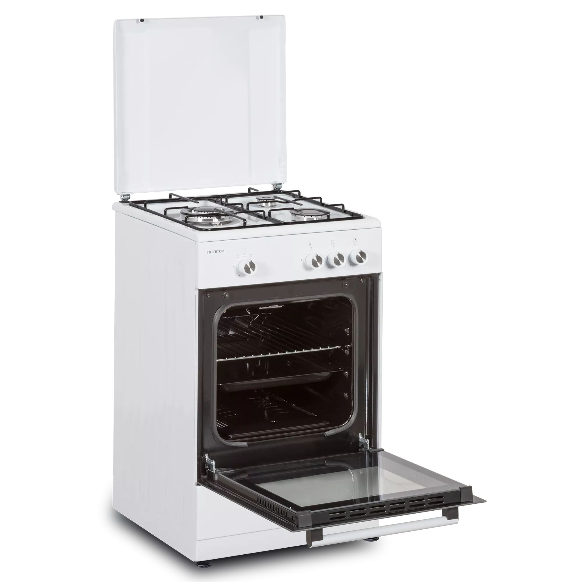 Una cocina de gas blanca con cuatro quemadores, tapa de cristal vertical y puerta del horno abierta sobre fondo negro.