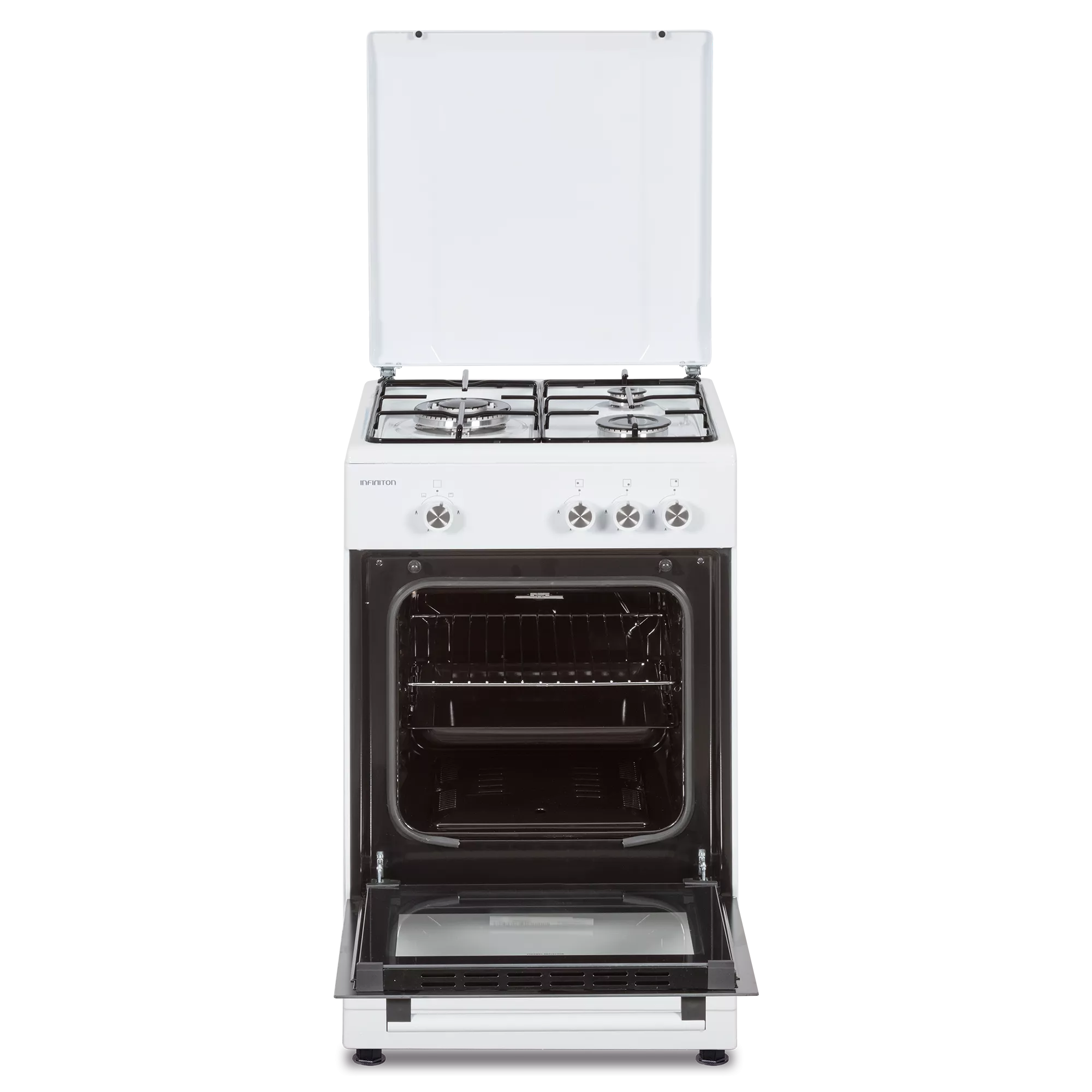 Cocina blanca independiente con puerta de horno abierta y cuatro quemadores sobre fondo negro.
