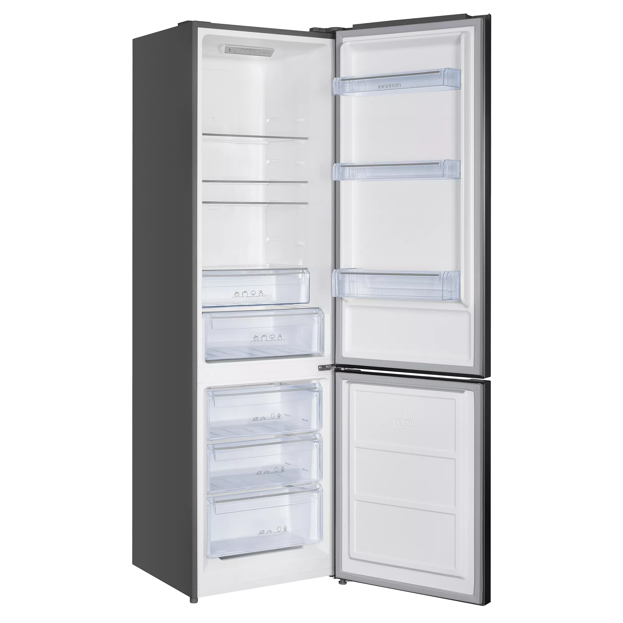 Un refrigerador plateado con las puertas abiertas, mostrando estantes y cajones de vidrio vacíos.