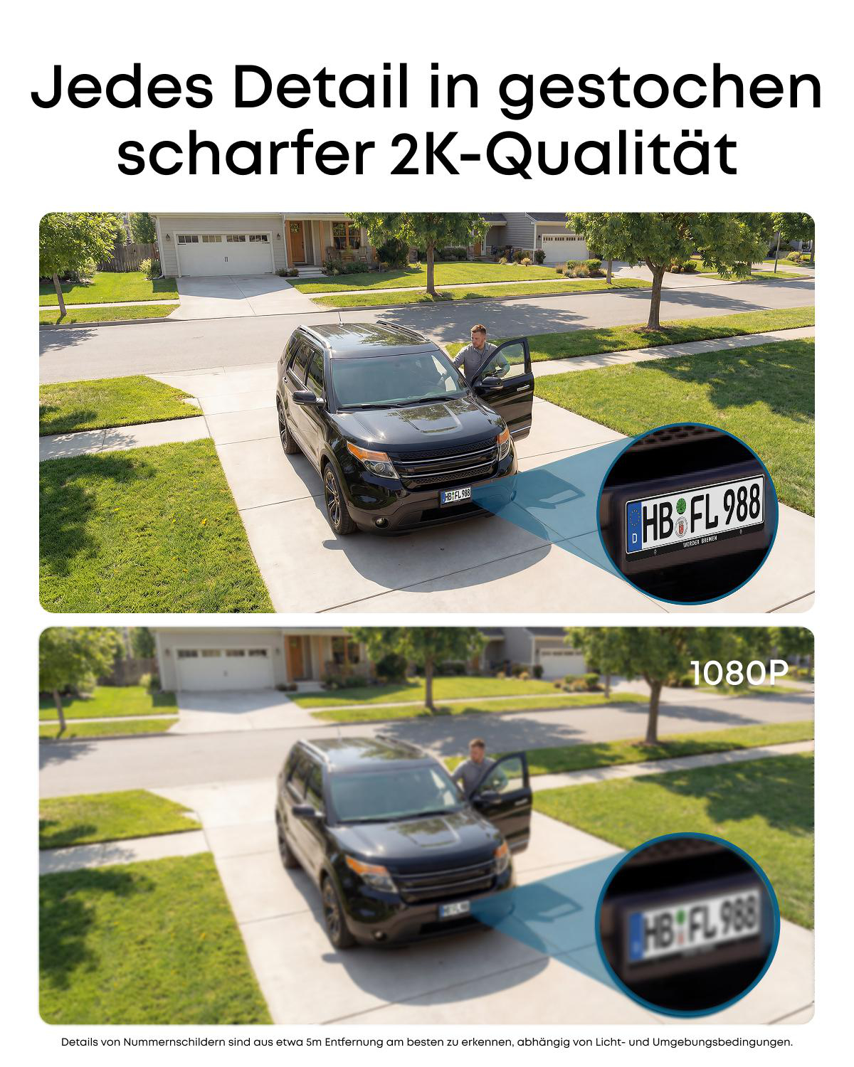 Vergleich von 2K- und 1080P-Kameraqualität an einem Auto mit lesbarem Nummernschild.