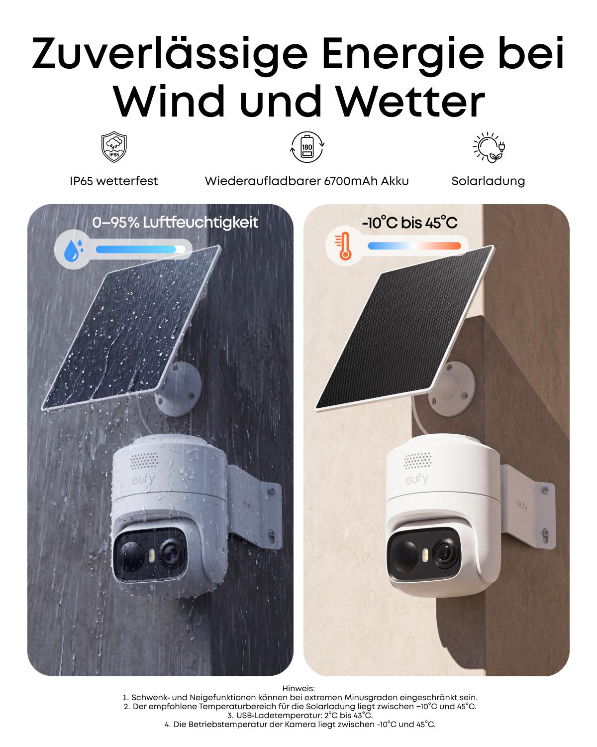 Wetterfeste Überwachungskamera mit Solarpanel und Akku für verschiedene Bedingungen.