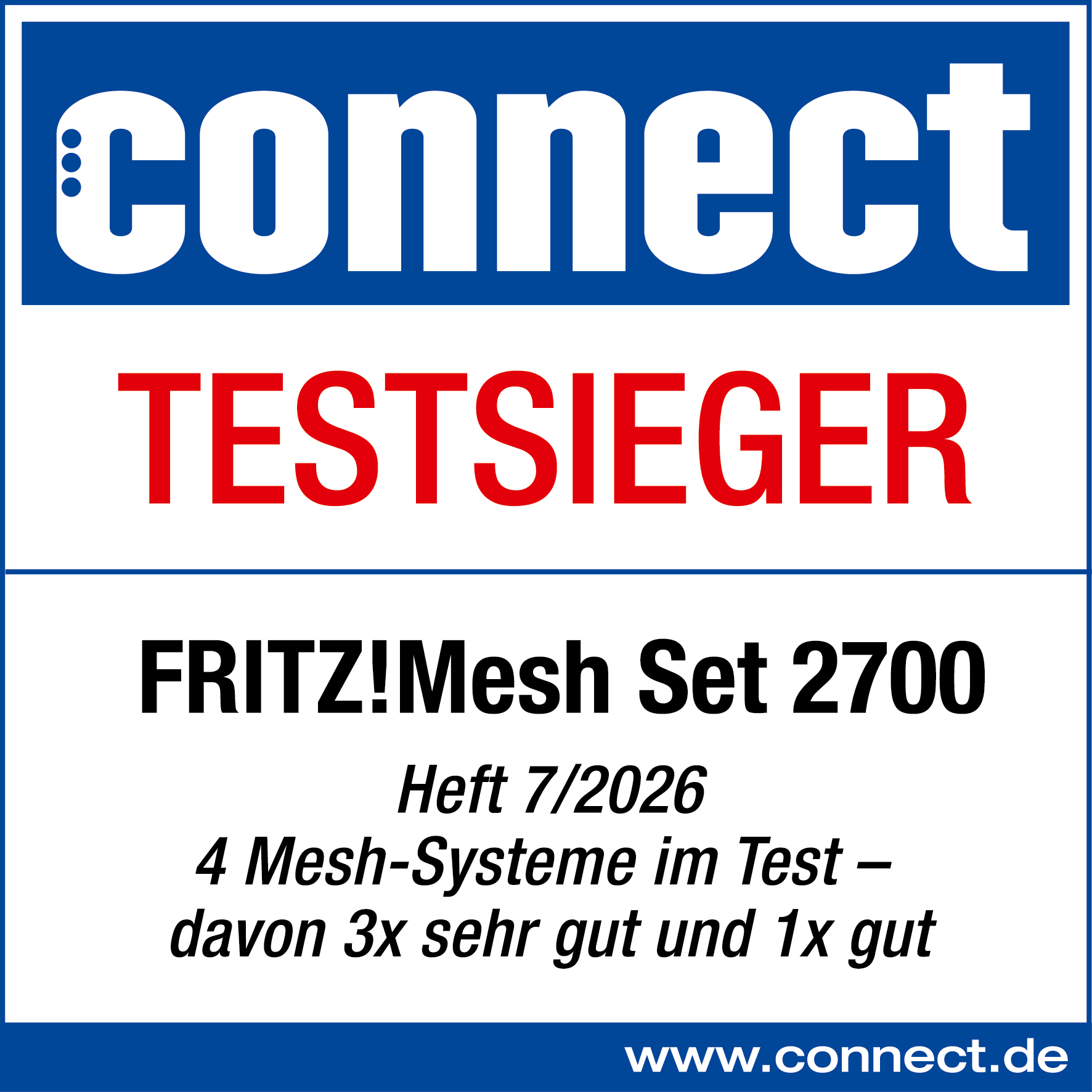 Connect Testsieger Logo für FRITZ!Mesh Set 2700, Heft 7/2026.