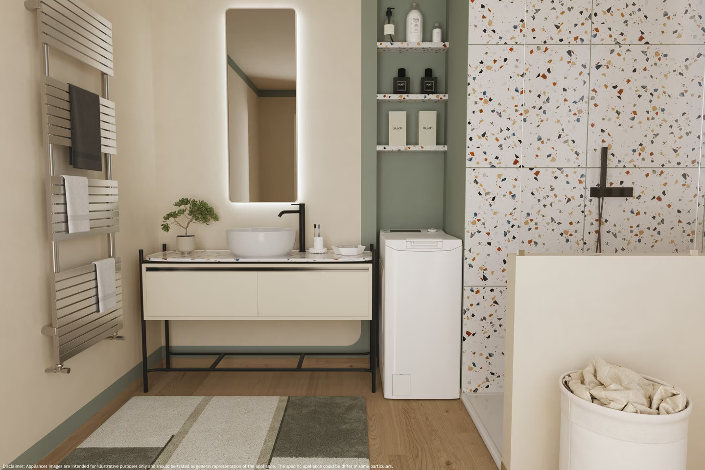 Badezimmer mit weißem Waschbecken, beleuchtetem Spiegel, Waschmaschine und Terrazzo-Fliesen an der Wand.