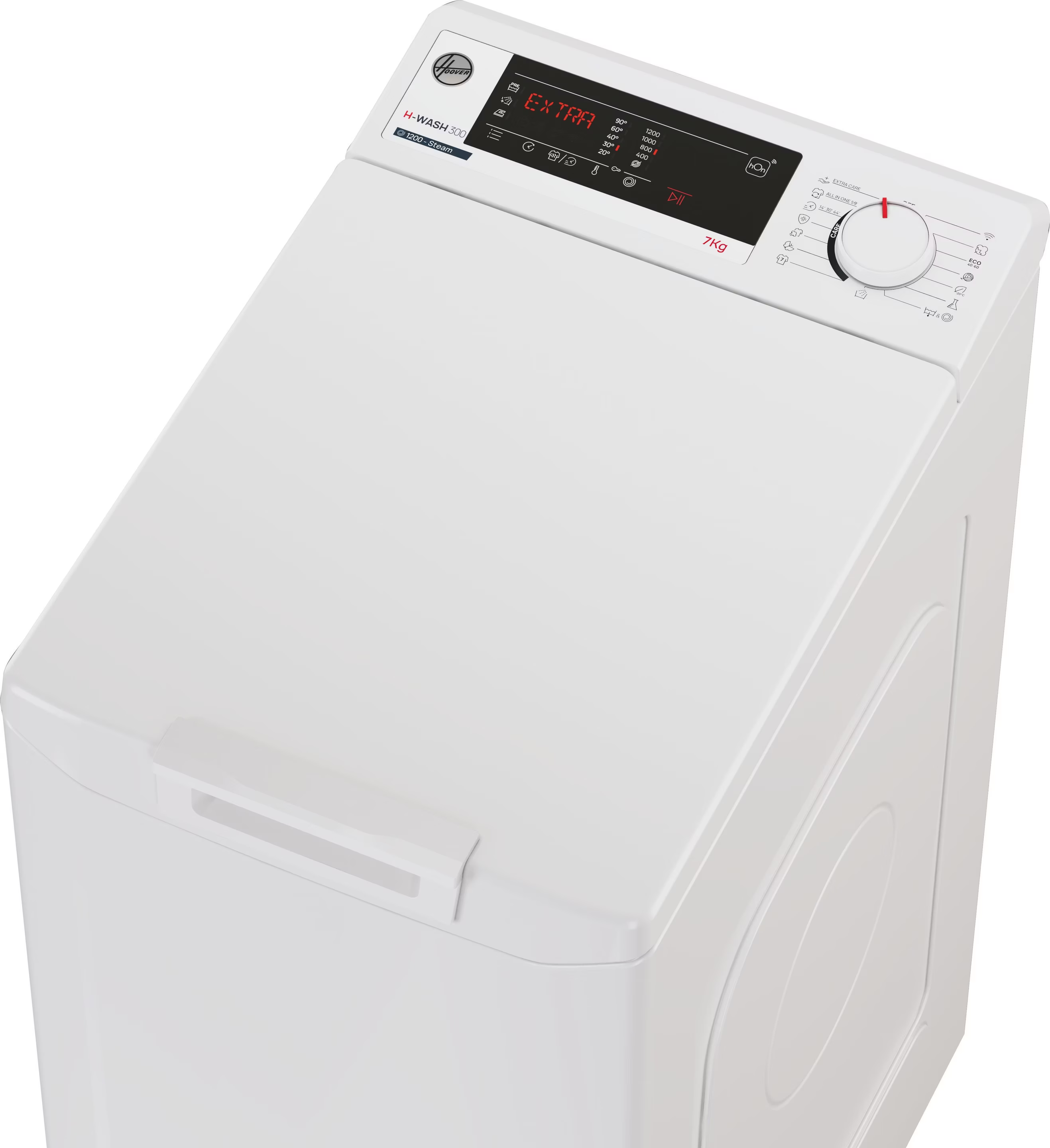 Oberer Blick auf eine weiße Hoover H-WASH 300 Waschmaschine mit digitalem Display und Drehknopf.