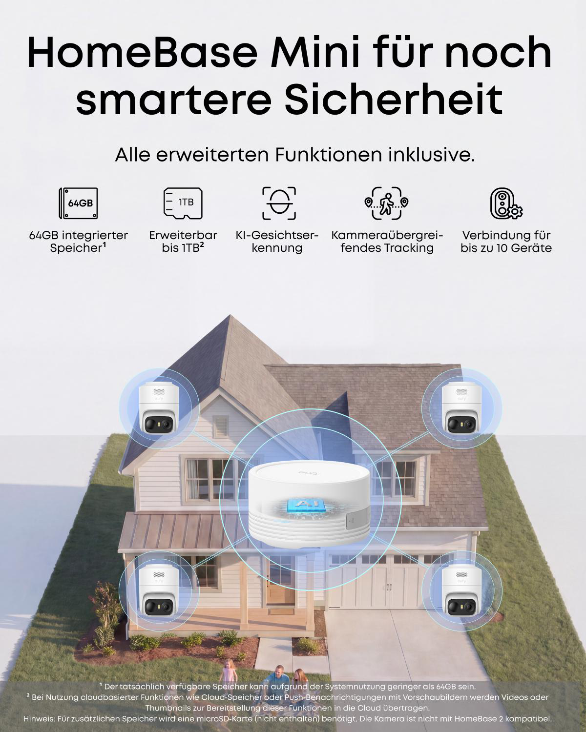 Heim-Sicherheits-Hub mit Kameras und Funktionen wie Gesichtserkennung und 64GB Speicher.