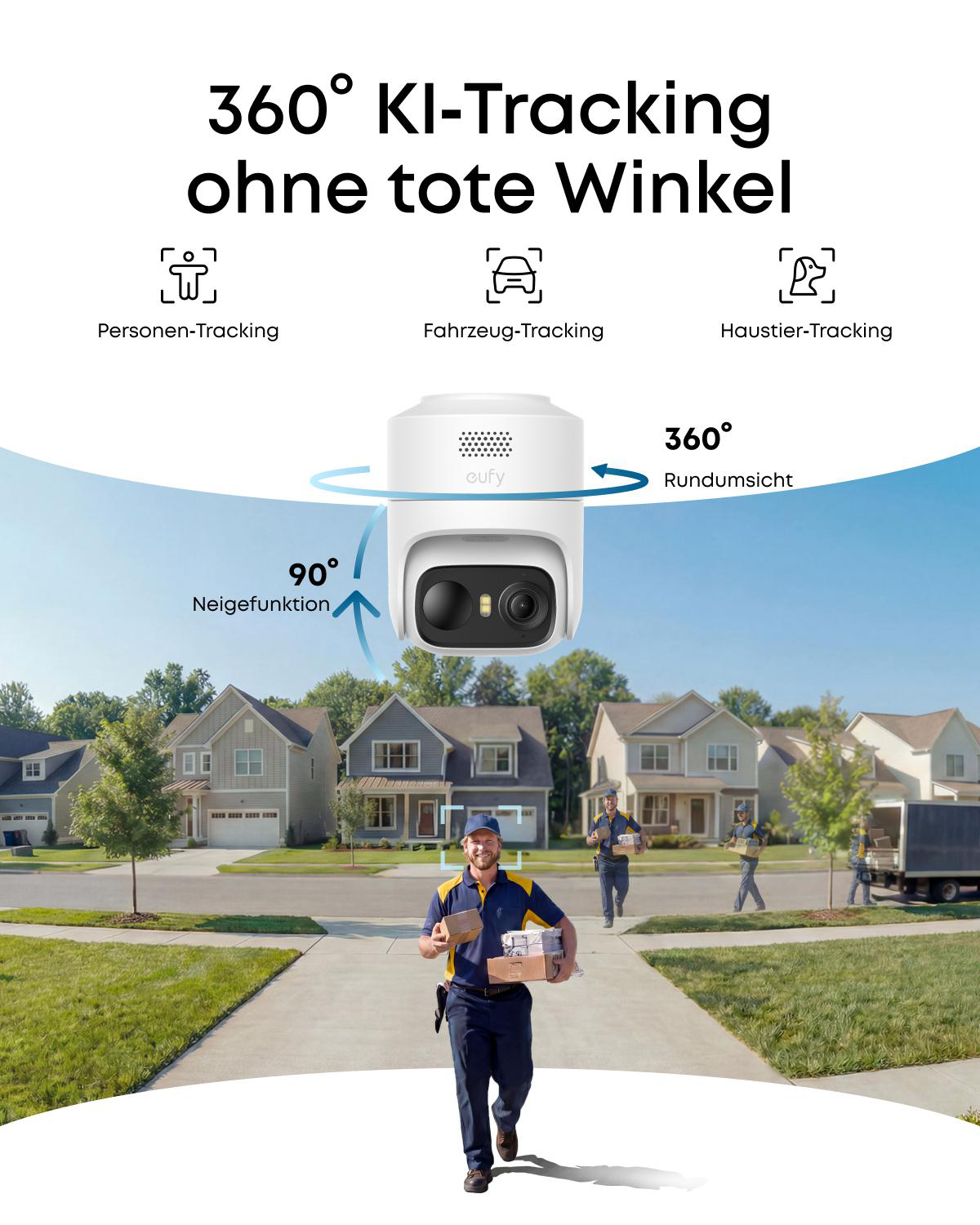 Eine weiße Eufy Überwachungskamera mit 360-Grad-Tracking und Blick auf eine ruhige Vorstadtsiedlung mit Kurieren.