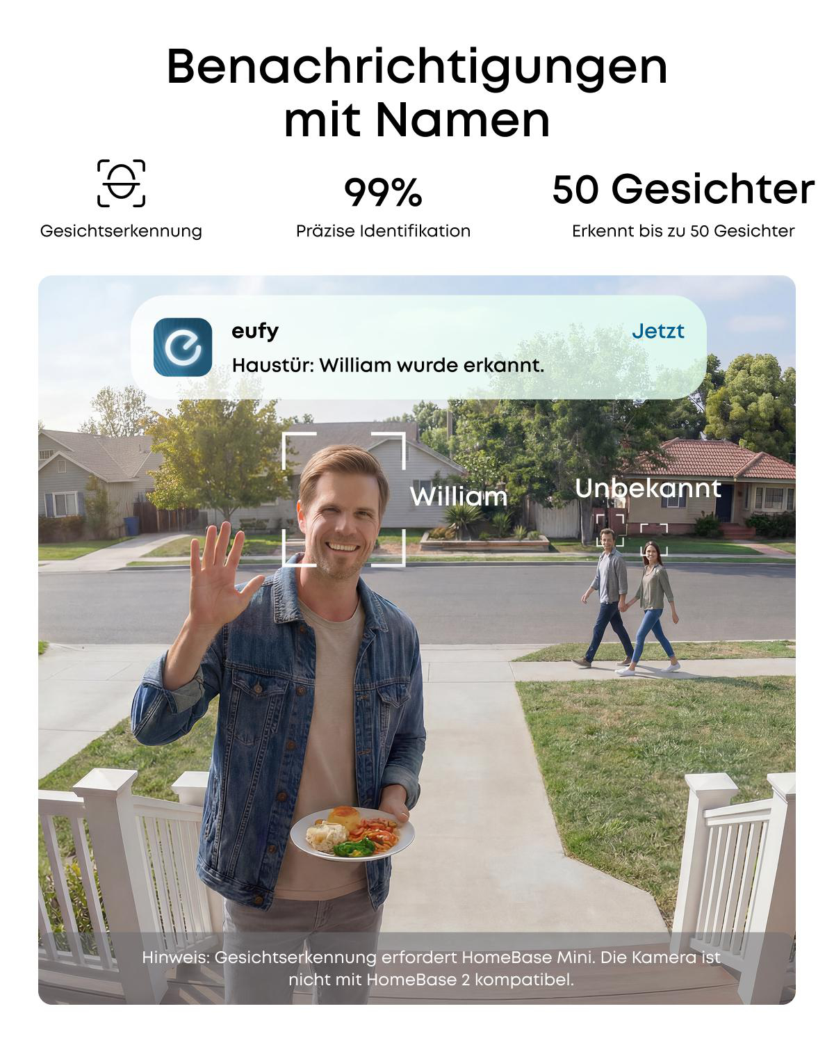 Ein Mann winkt auf einer Veranda, während eine Gesichtsbestimmung 'William' anzeigt und im Hintergrund Personen gehen.