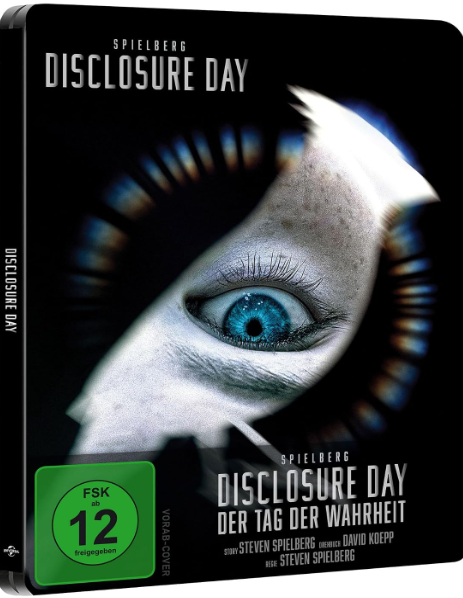 DVD-Cover von Disclosure Day mit einem blauen Auge vor dunklem Hintergrund.