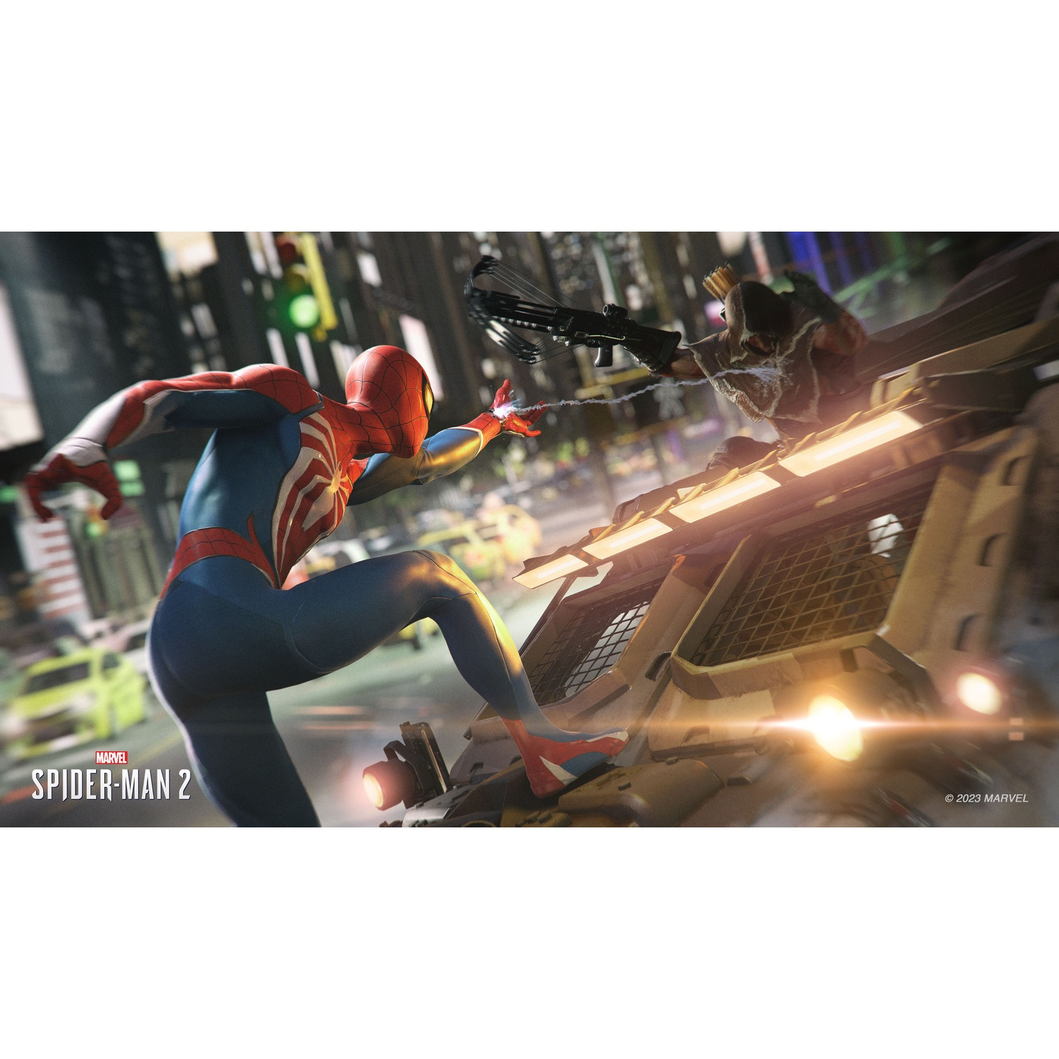 Spider-Man springt op een rijdend voertuig en bevecht een vijand met een boog.