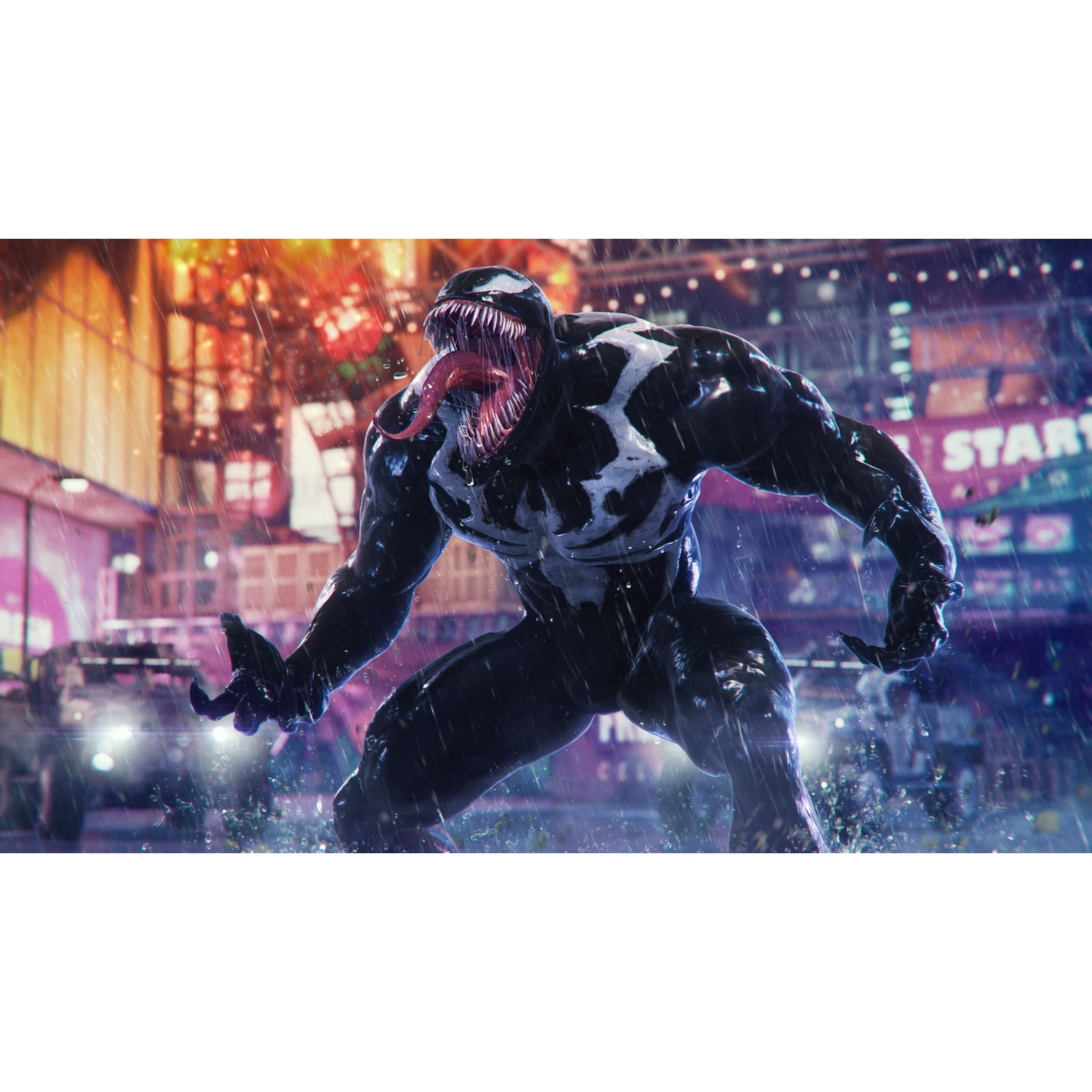 Venom met scherpe tanden en een lange tong in een regenachtige stad 's nachts.