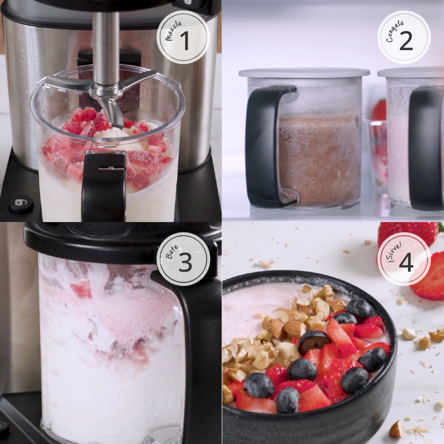 Quattro passaggi per preparare una ciotola di smoothie con frutta e noci.