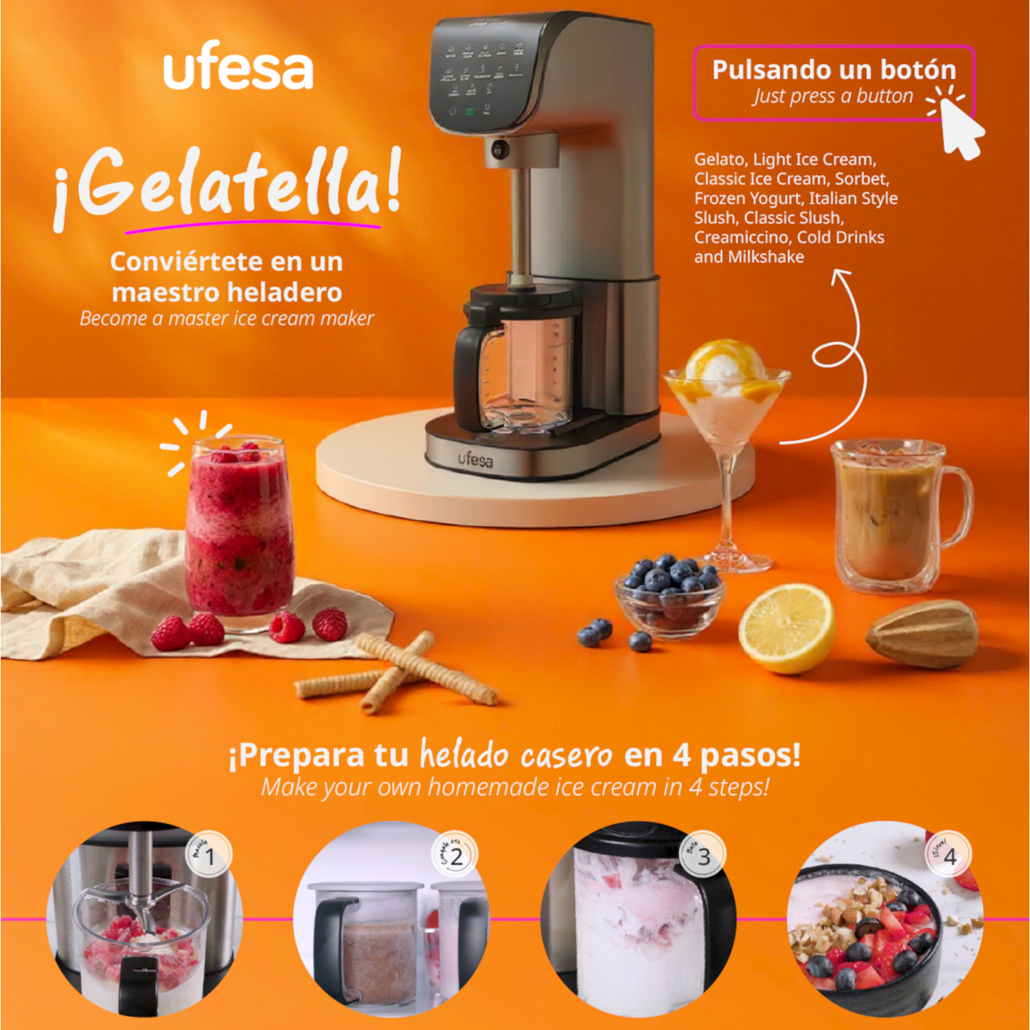 Gelatiera Ufesa Gelatella su sfondo arancione con dessert, frutta e istruzioni in 4 passaggi.