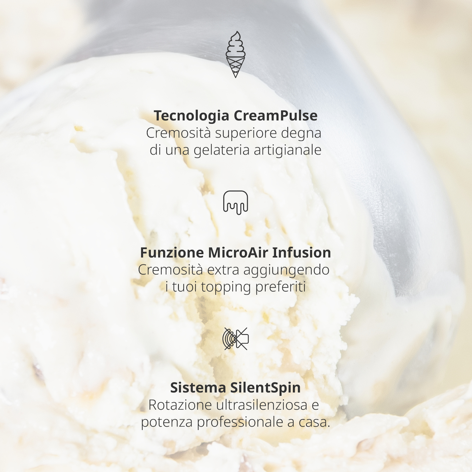Una pallina di gelato bianco cremoso con testo in italiano e icone.