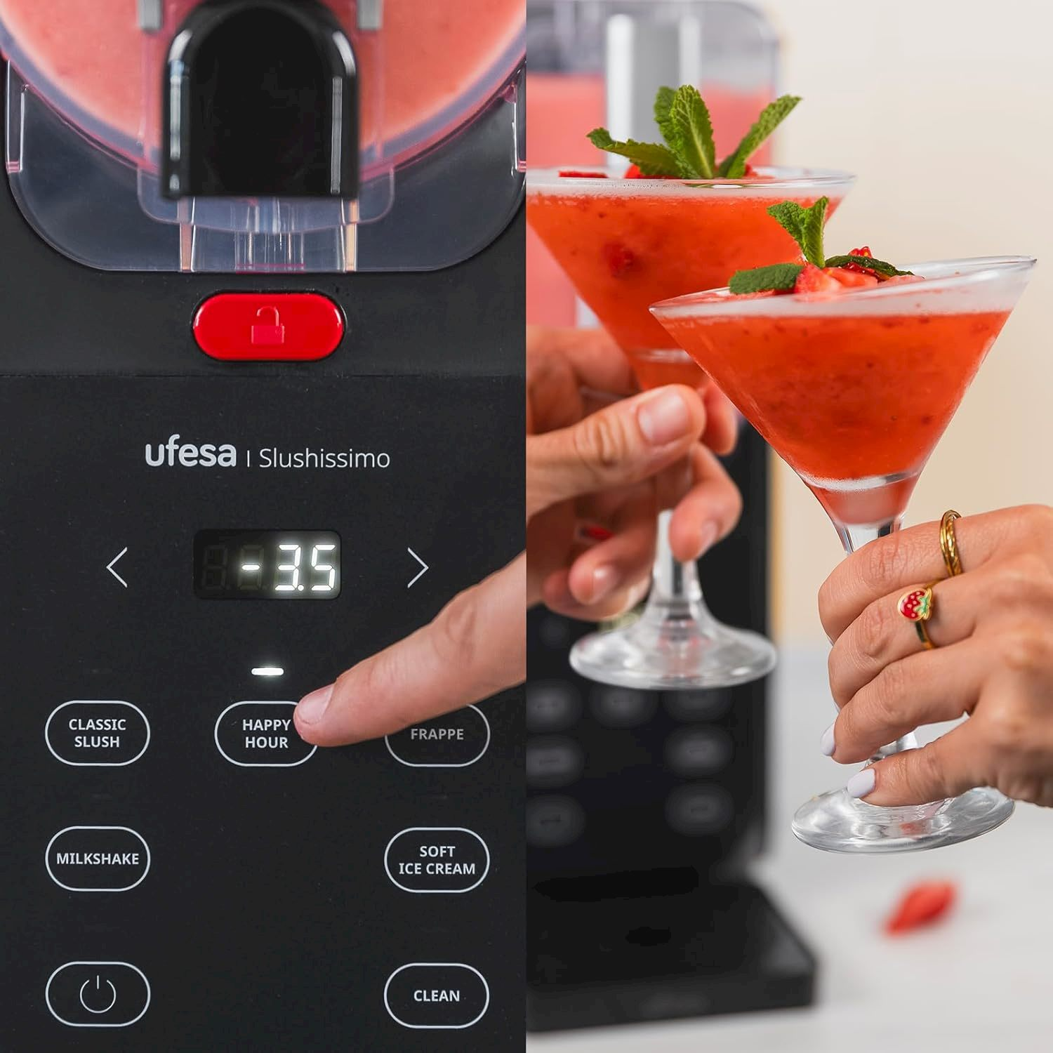 Mano preme il pulsante su una macchina Slushissimo nera; a destra due cocktail rossi con menta.