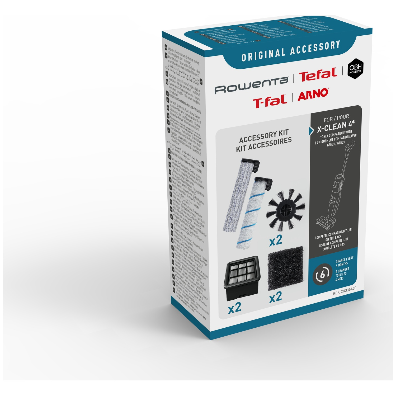 Productdoos voor een Rowenta X-Clean 4 accessoireset met rollers, borstels en filters.