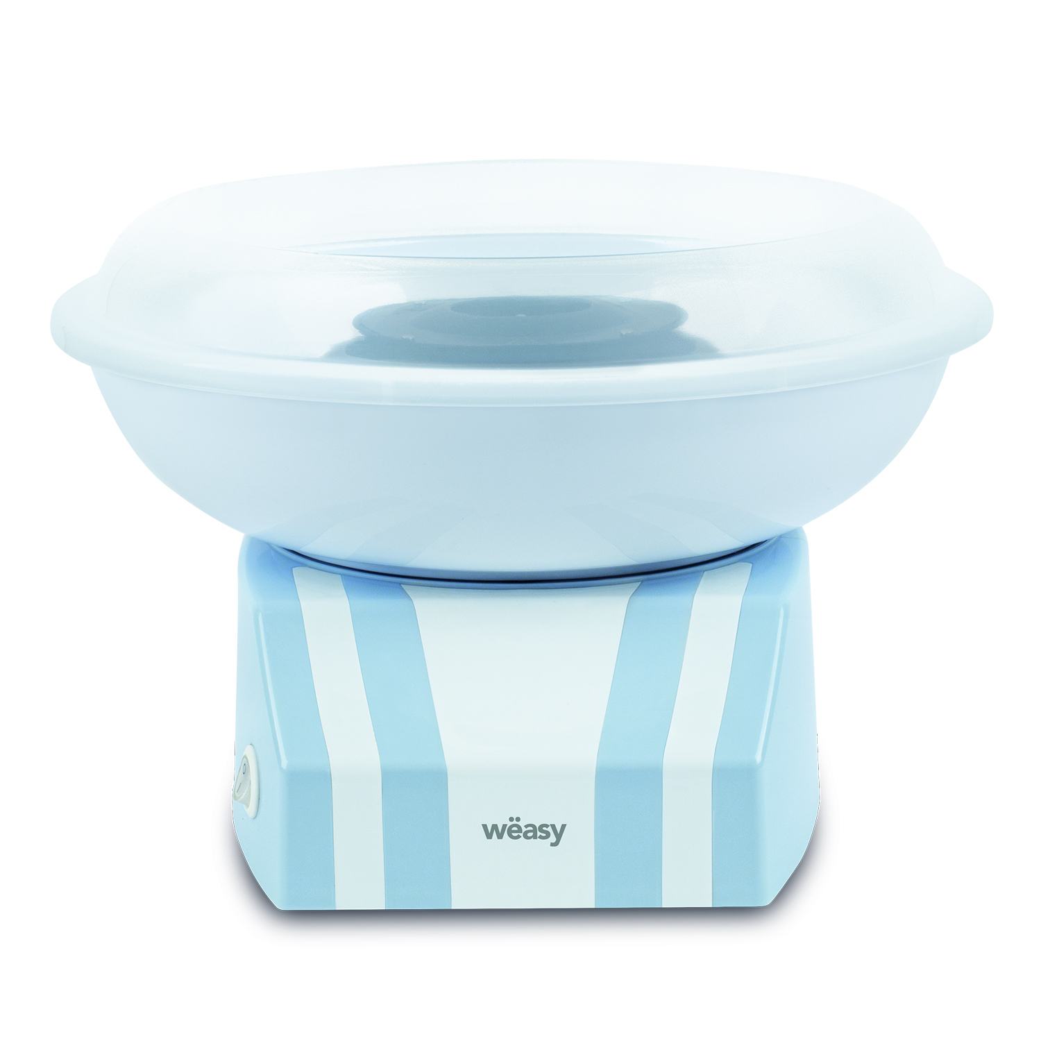 Una macchina per zucchero filato Weasy azzurra e bianca con coperchio in plastica trasparente su sfondo bianco.
