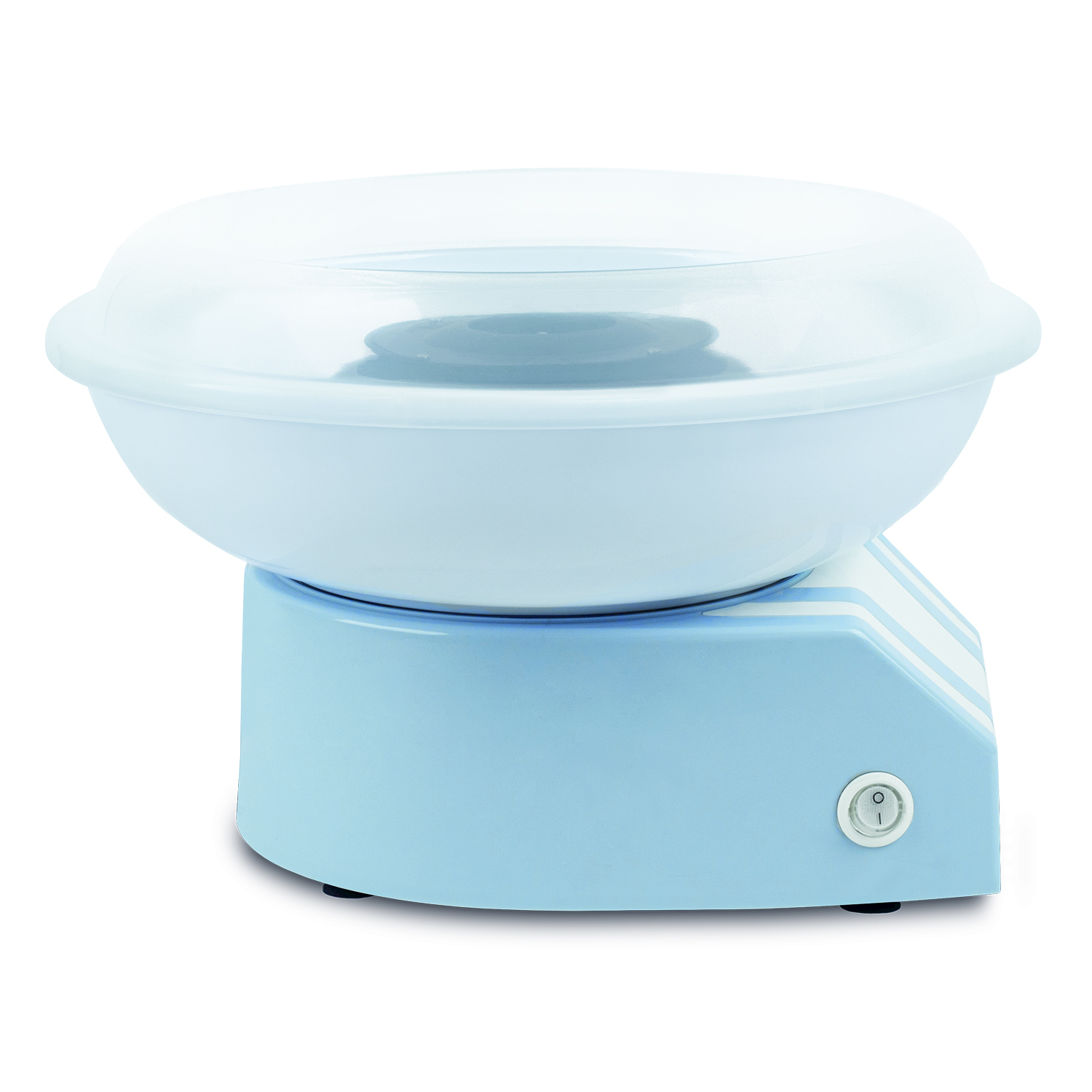 Macchina per zucchero filato blu con coperchio trasparente e interruttore.
