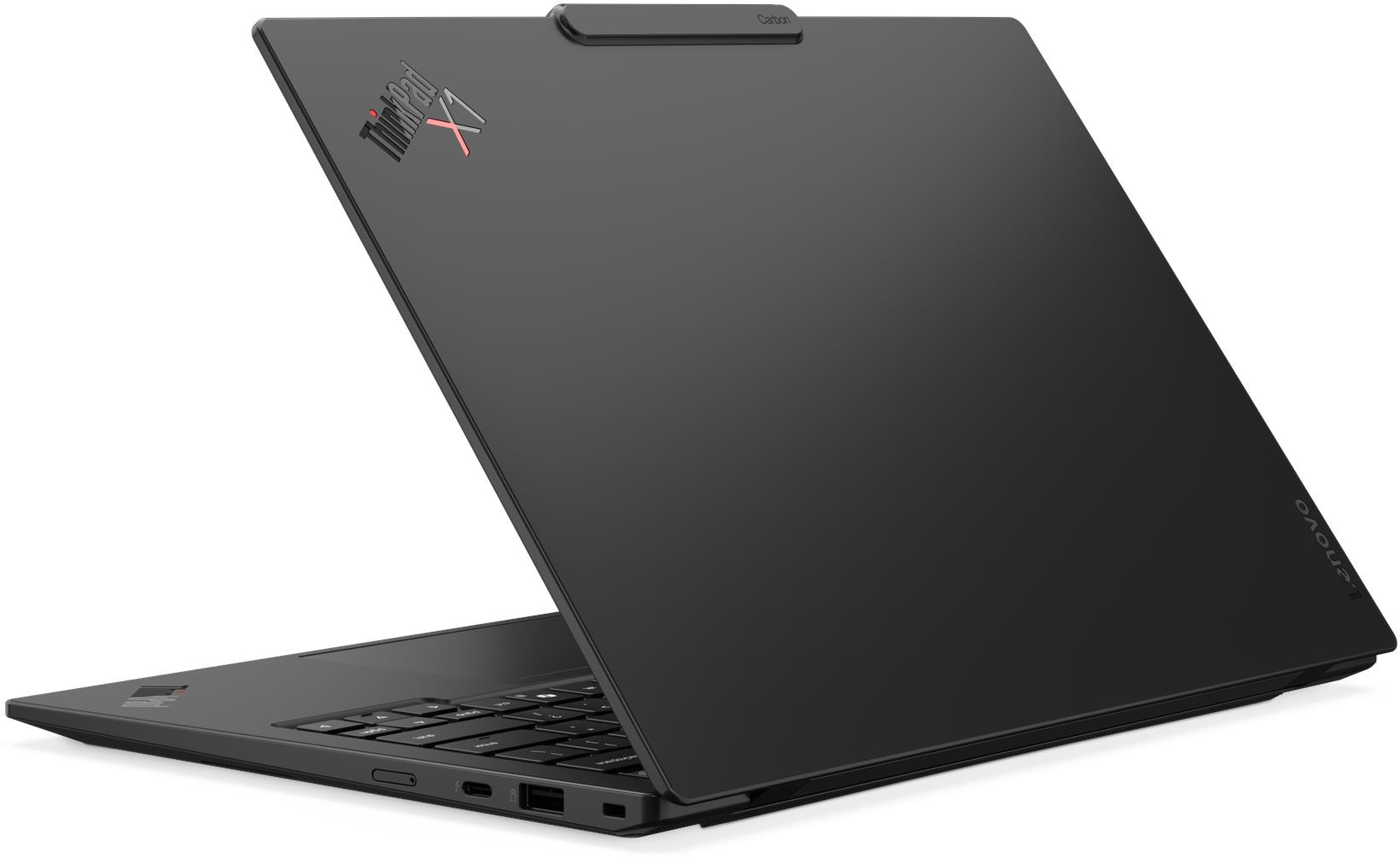 Egy fekete Lenovo ThinkPad X1 laptop részben nyitva van fehér háttér előtt.