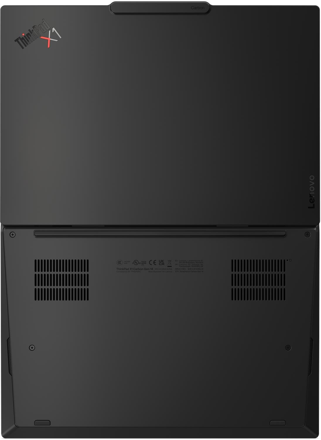 Egy fekete ThinkPad X1 laptop felső és alsó nézete logókkal és szellőzőnyílásokkal.