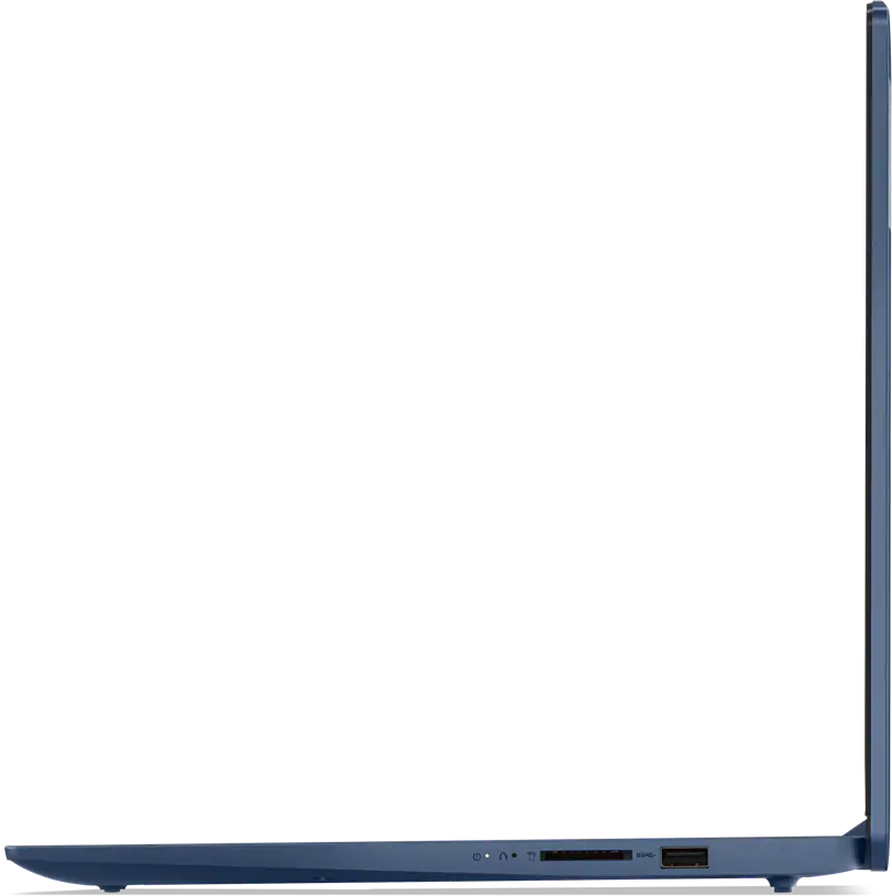 Egy kék laptop oldalsó nézete portokkal, fekete háttér előtt.