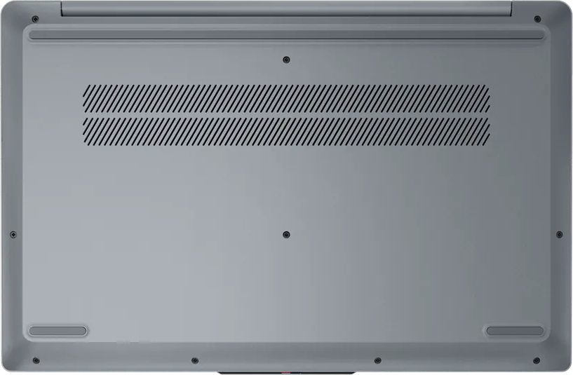 Szürke laptop alsó borítás szellőzőnyílásokkal, csavarokkal és négy gumilábbal.