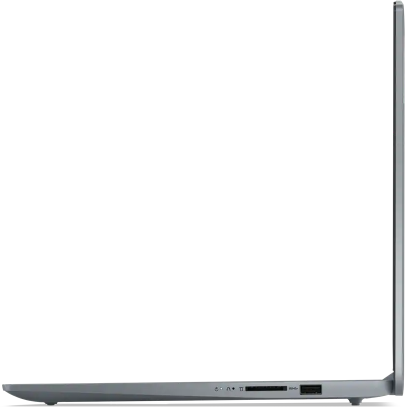 Oldalnézet egy zárt szürke laptopról, amelyen portok láthatók a szélén fekete háttér előtt.
