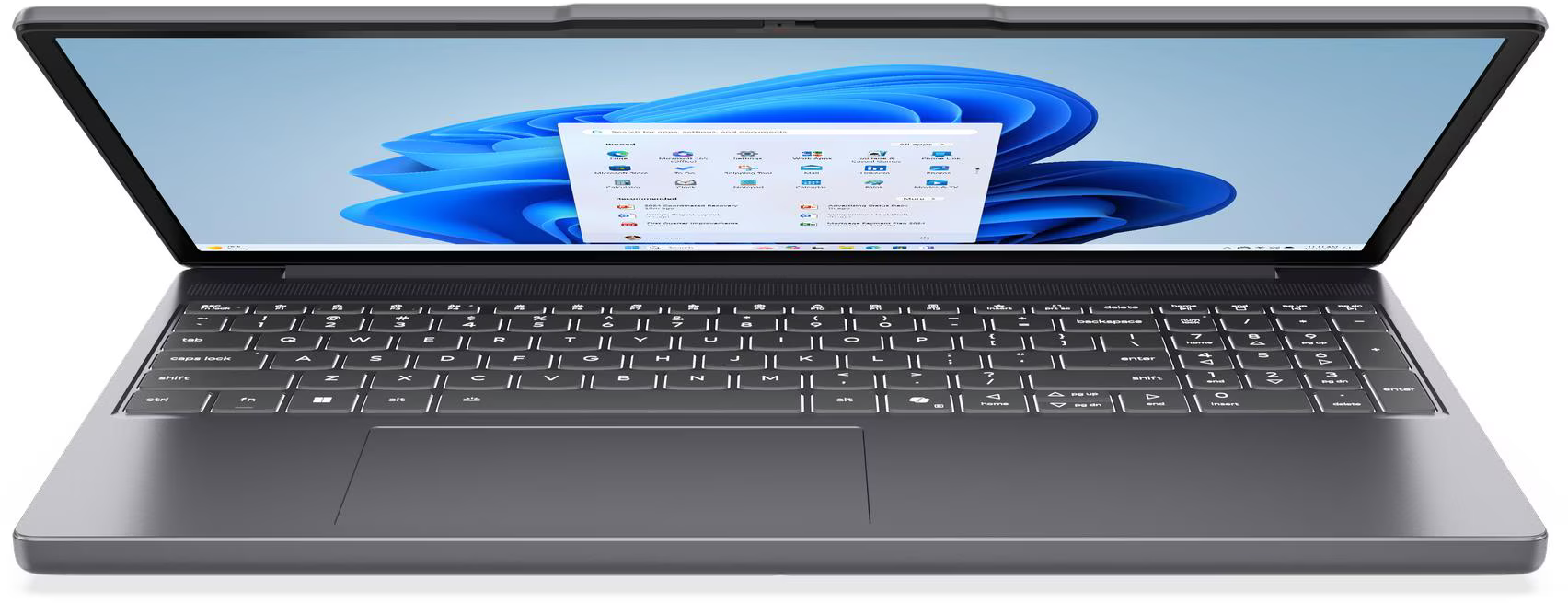 Egy szürke laptop nyitott képernyővel mutatja a Windows Start menüt és egy kék háttérképet.