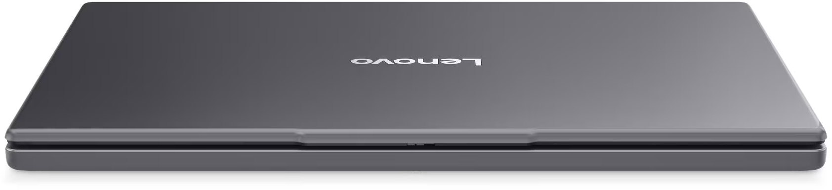 Zárt szürke Lenovo laptop elölről nézve fehér háttér előtt.