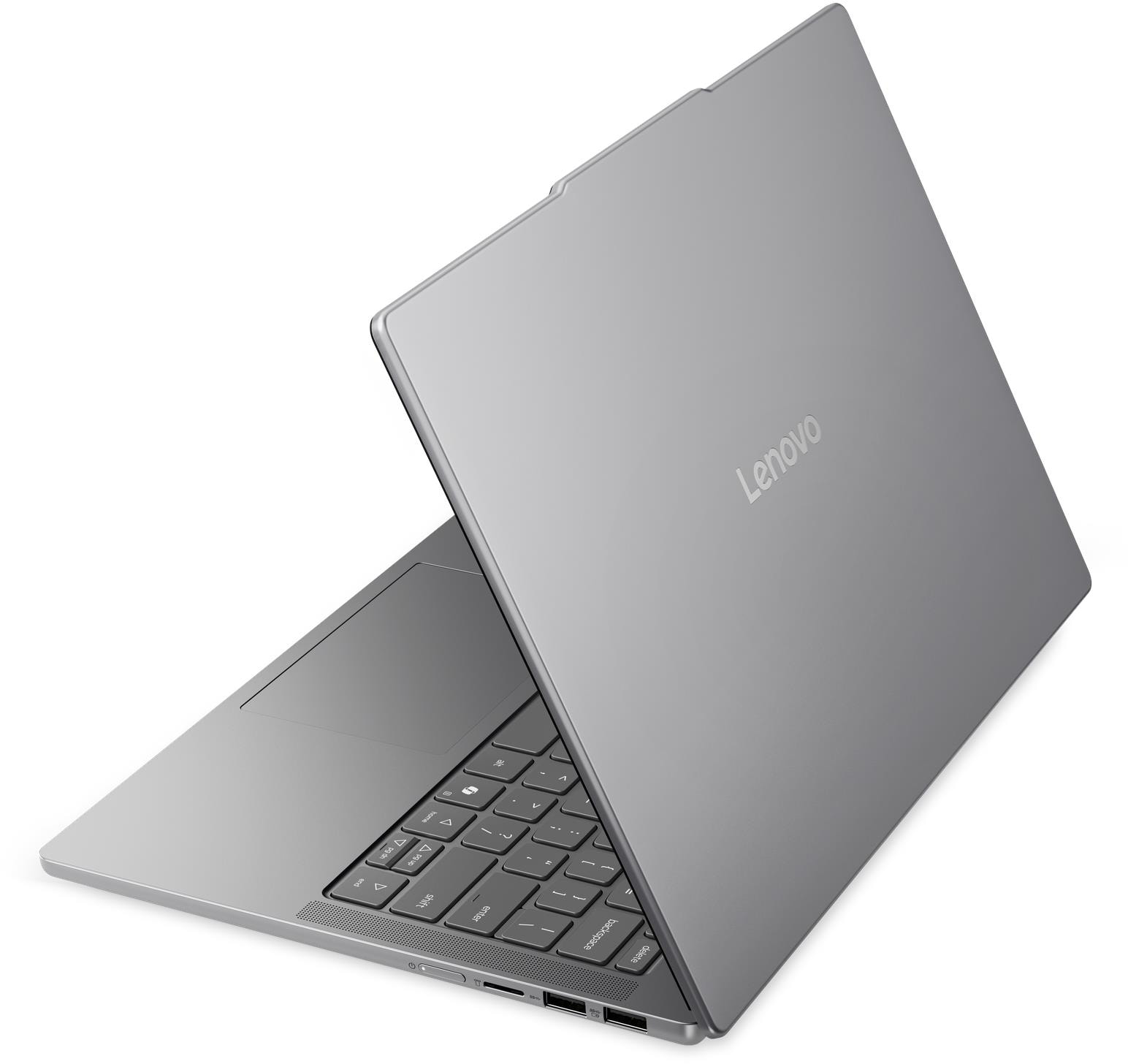 Egy szürke Lenovo laptop félig nyitva áll, mutatva a billentyűzetet és a házat fehér háttér előtt.
