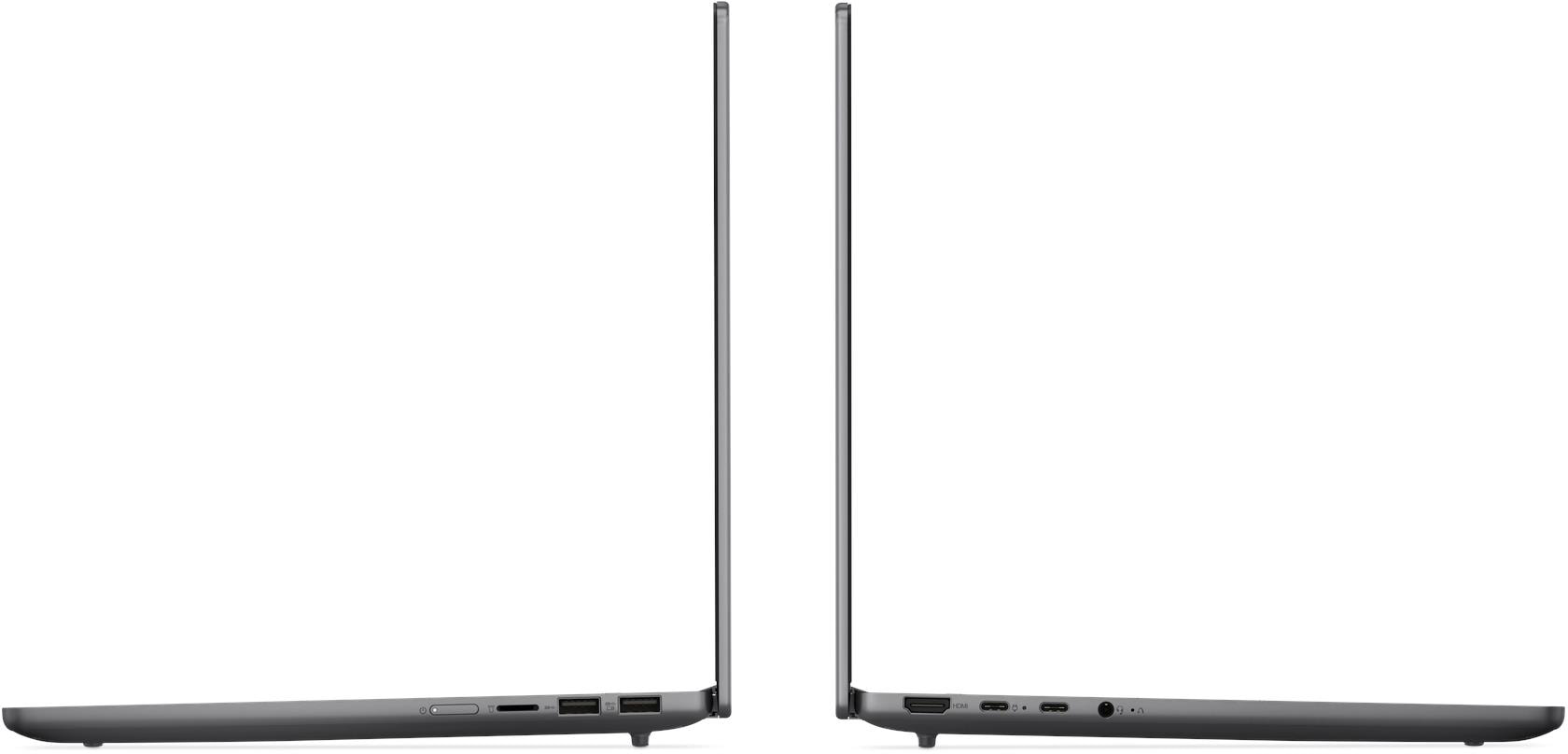 Egy szürke laptop bal és jobb oldala különböző portokkal fehér háttér előtt.