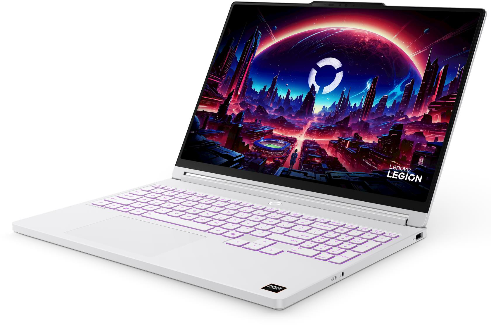 Egy fehér Lenovo Legion laptop egy futurisztikus város háttérképet mutat be vörös bolygóval.