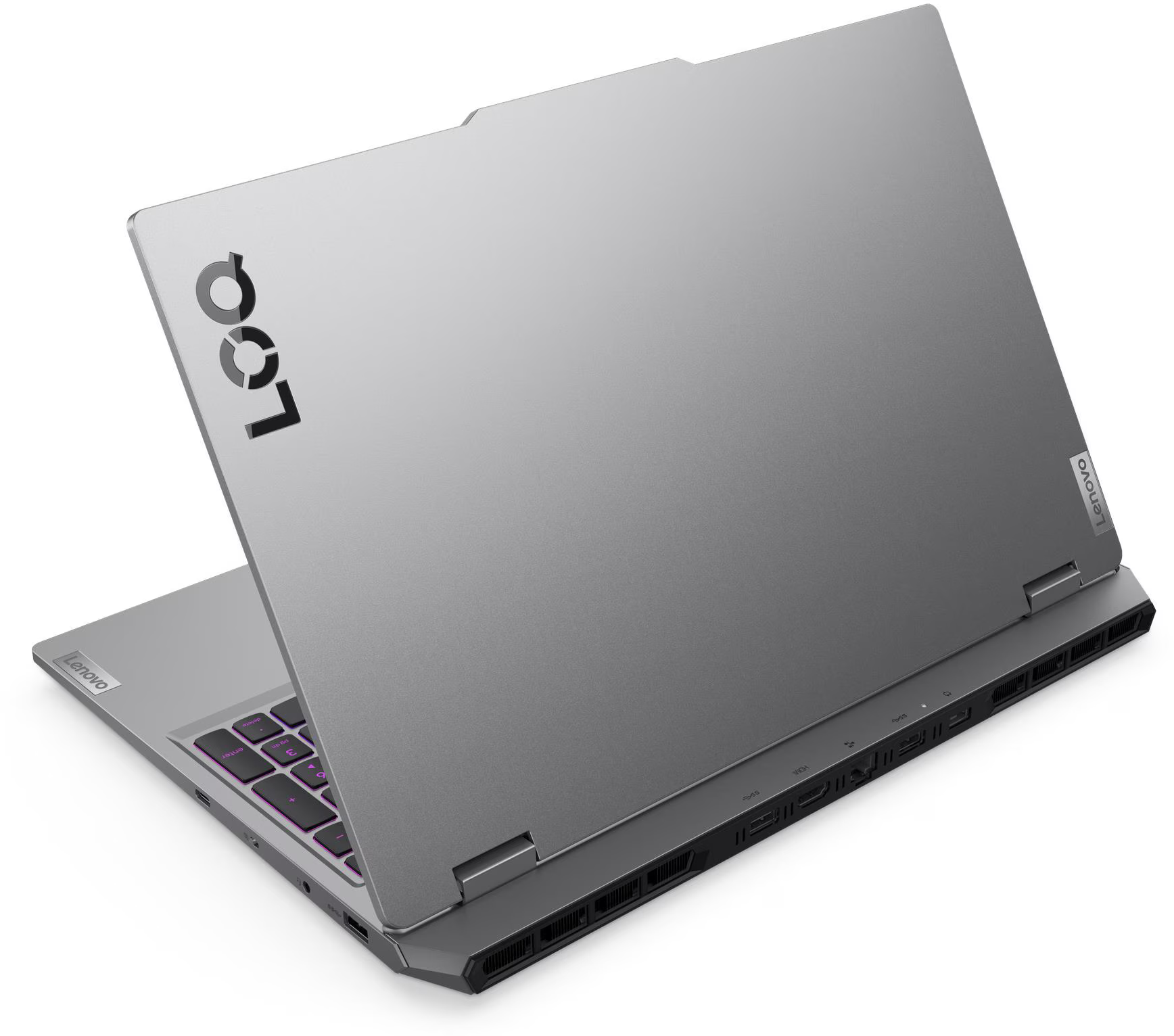 Szürke Lenovo LOQ laptop hátulnézetben, portokkal és billentyűzettel.