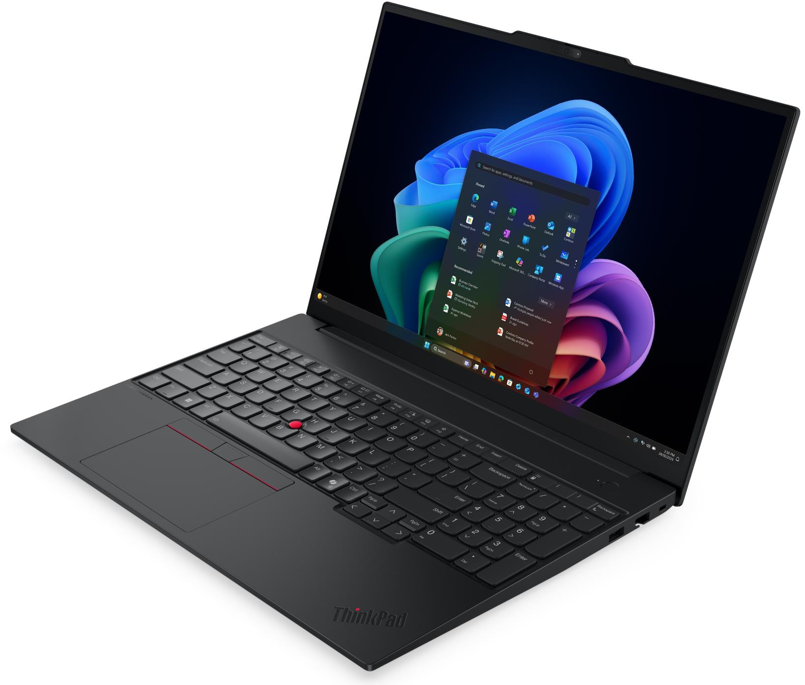 Egy fekete ThinkPad laptop színes Windows 11 képernyővel és piros TrackPointtal, fehér háttér előtt.